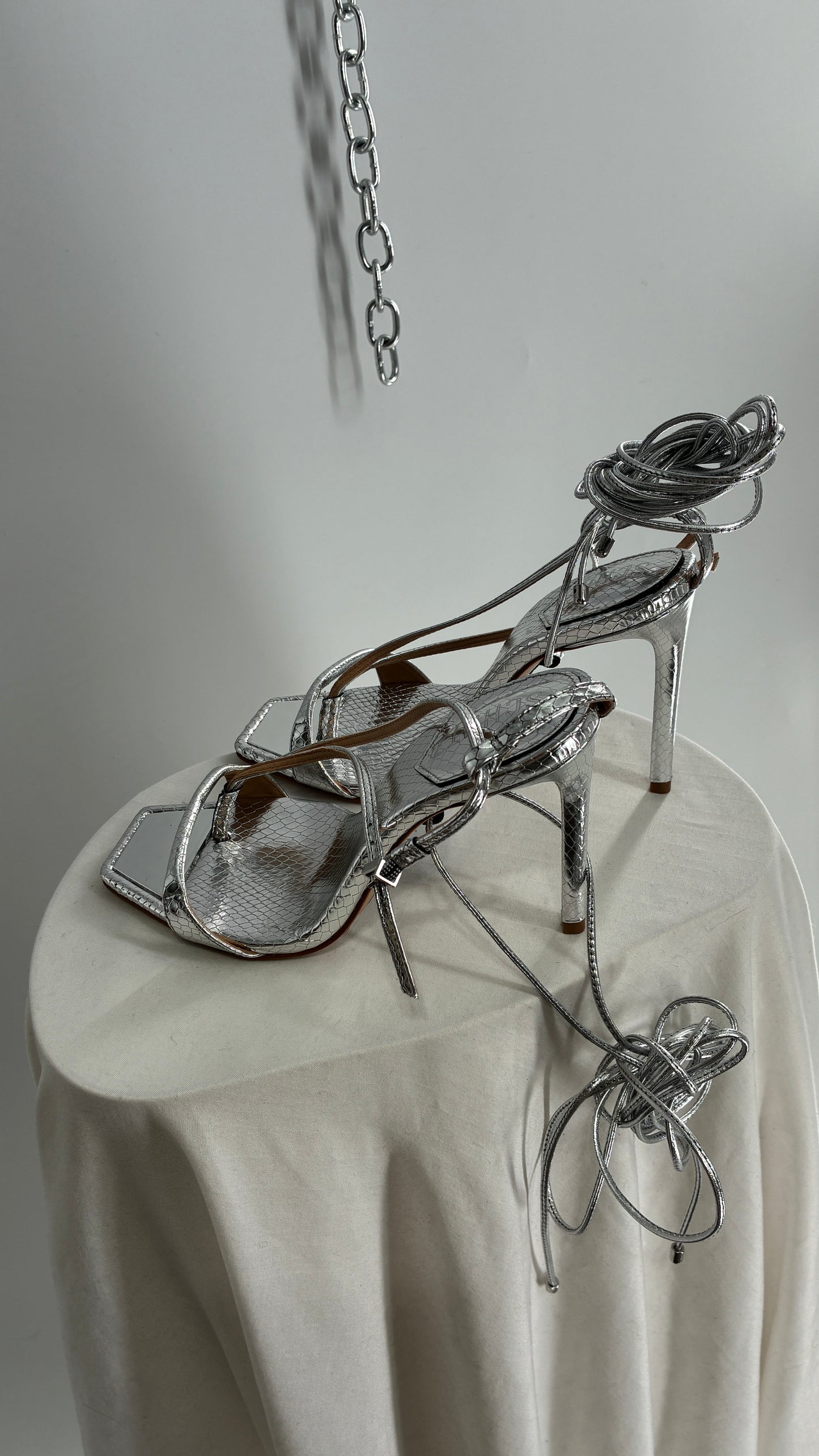 SCHÜTZ Silver Angular Tie Up Heels with Mirror Toe Detail (7)
