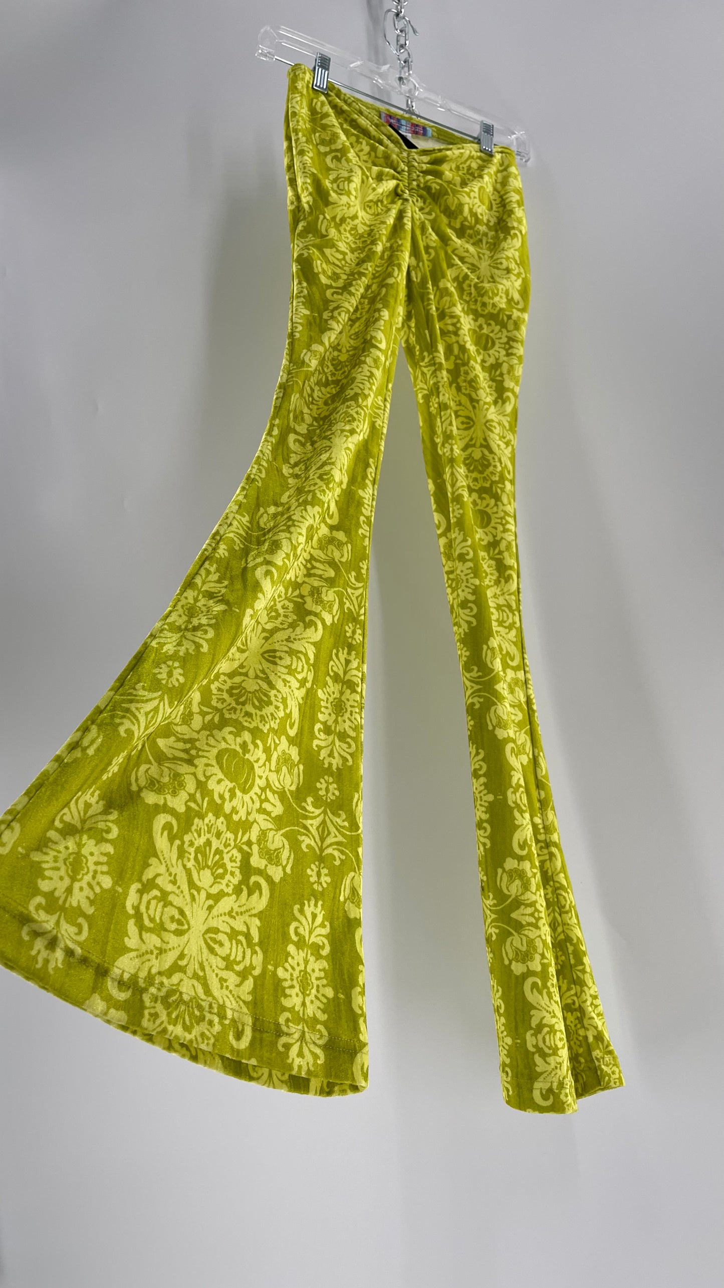 Urban Outfitters Chartreuse Green/Yellow Velvet Lace Patterned Flares with Scrunch Front  (XS)