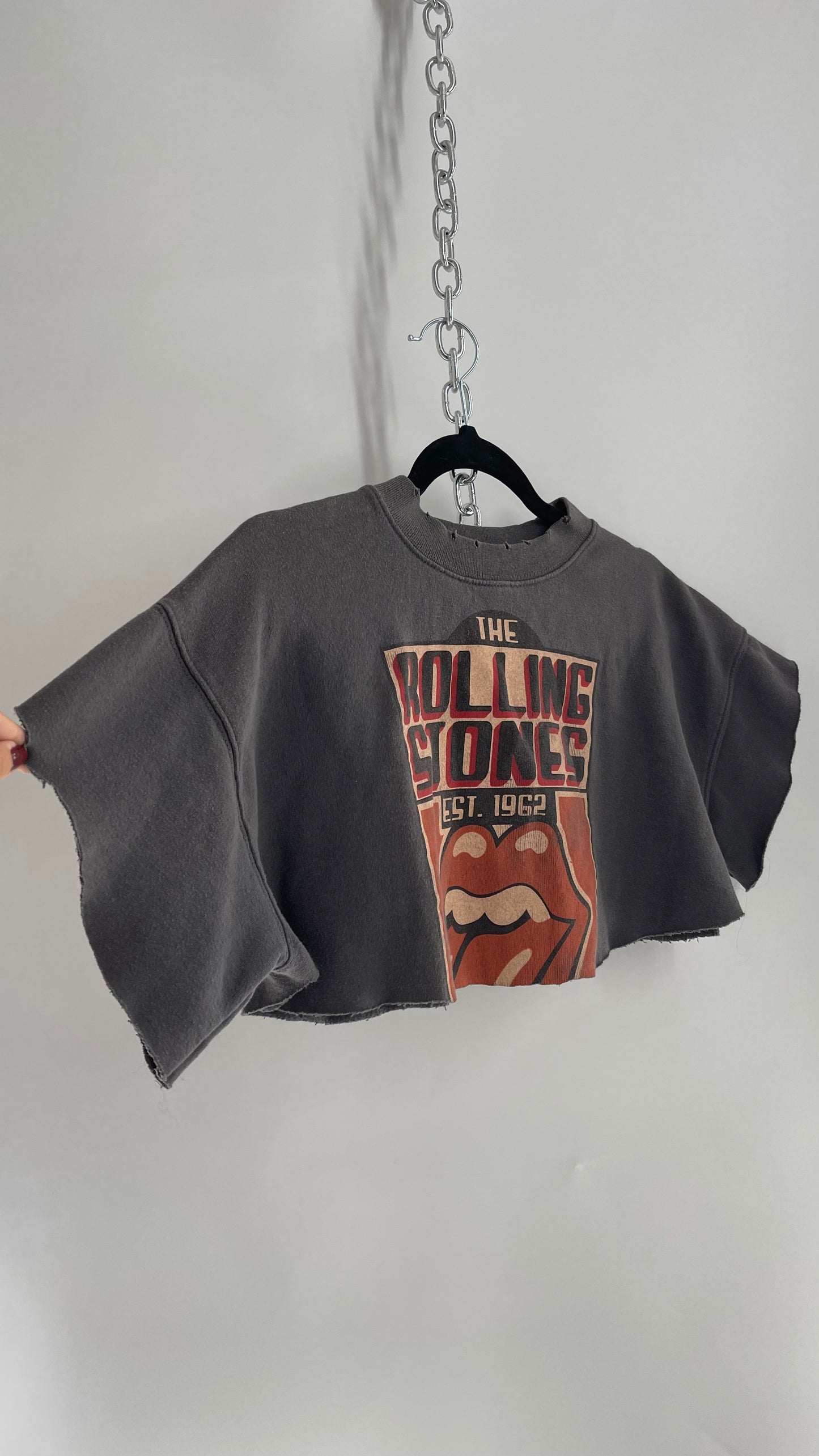 Rolling Stones Charcoal Grey Cropped Graphic Distressed Sweater (XS)