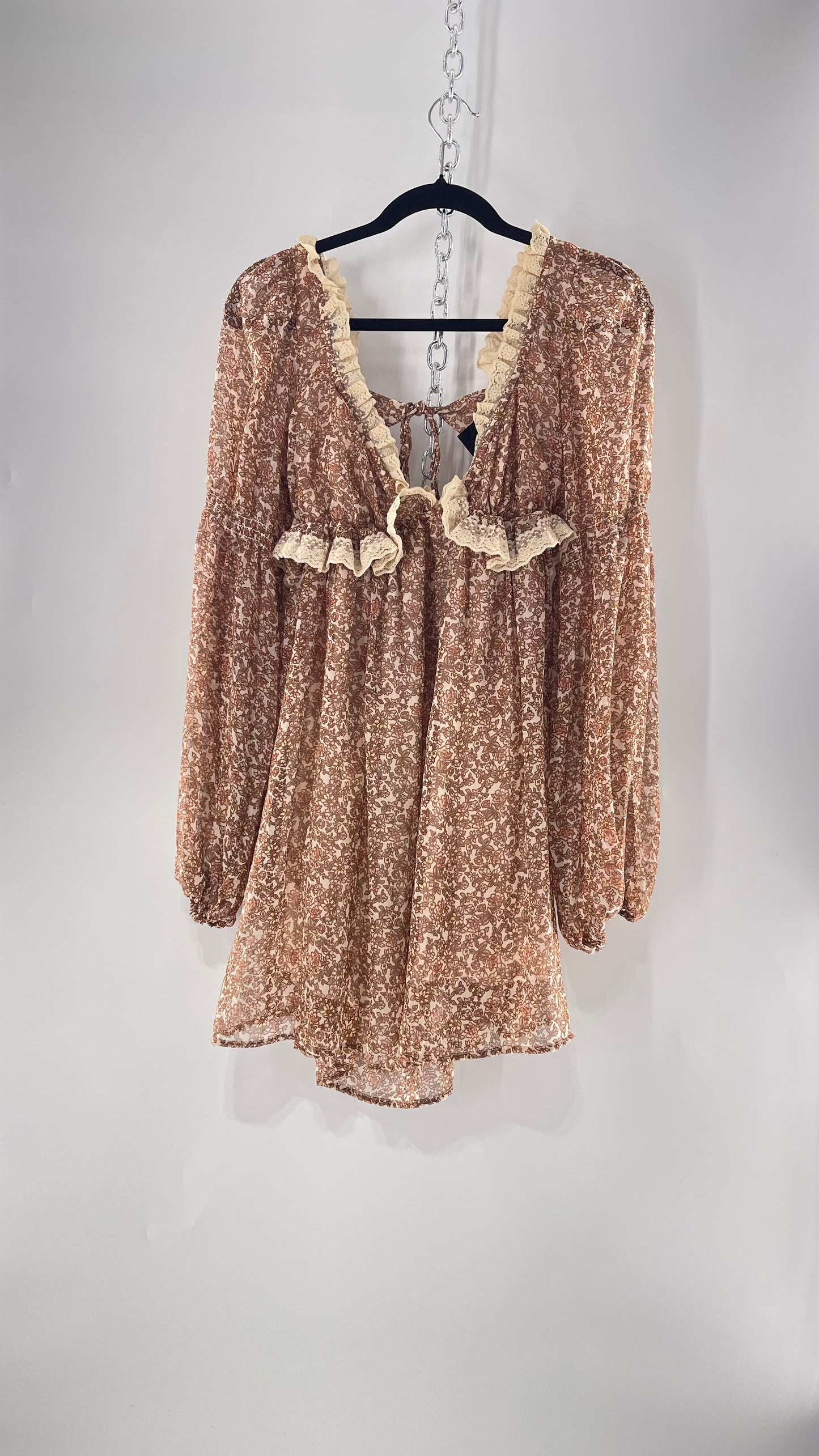 Free People Brown Floral Mini Dress with Beige Lace Lining and Puffy Balloon Sleeves (XS)