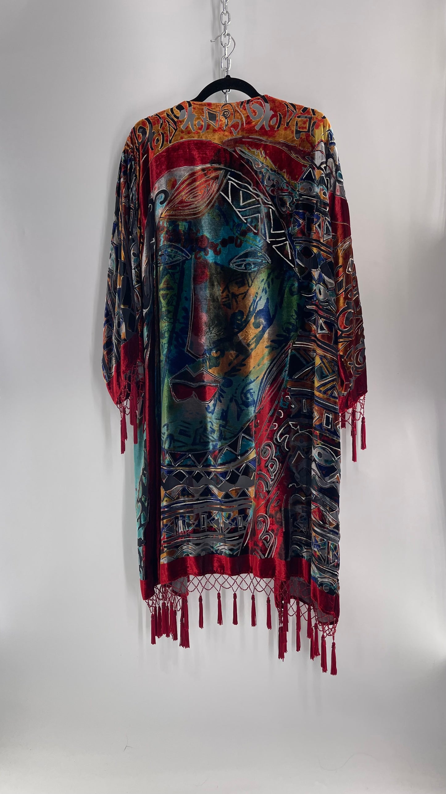 Vintage Burnout Buddhist Motif Velvet/Velour Beaded Fringe Duster Coat/Kimono with Tassel Sleeves and Hems (M/L)