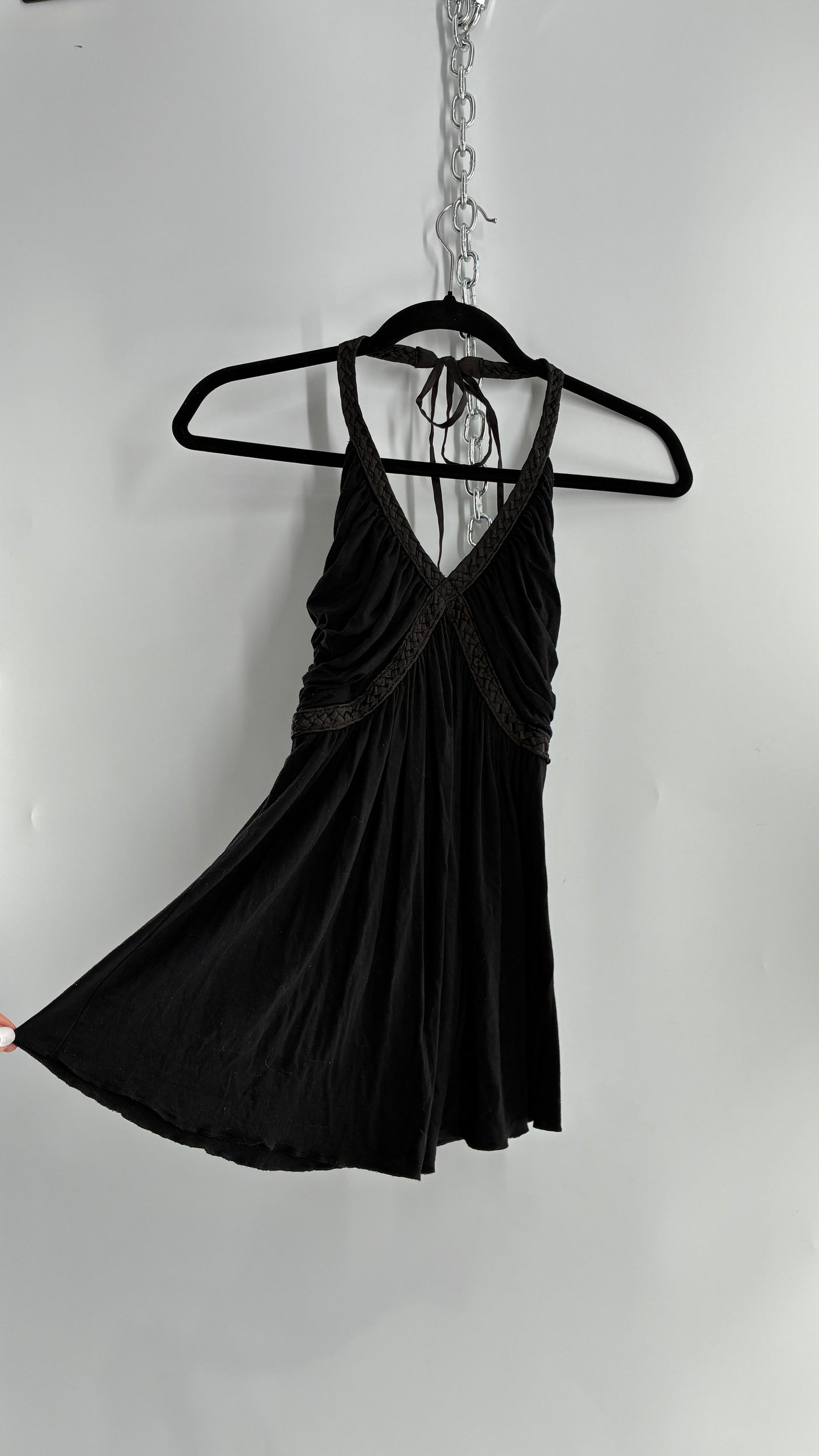 Vintage 1990s Dating Clothing Black Halter with Braided Detail (Small)