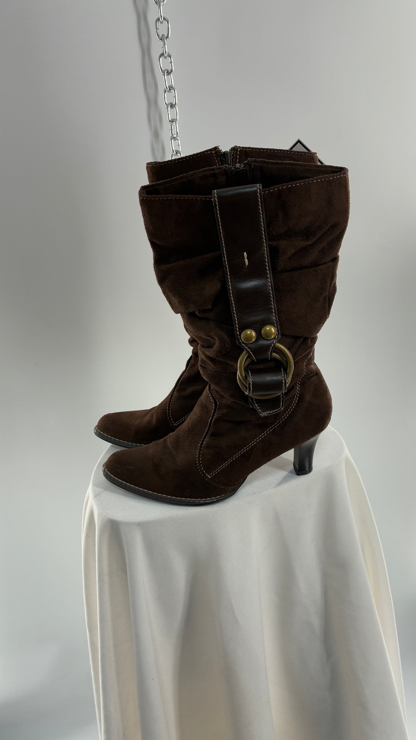 Vintage PREDICTIONS Vegan Suede Brown Stacked Boots with Buckle Detail (6.5)