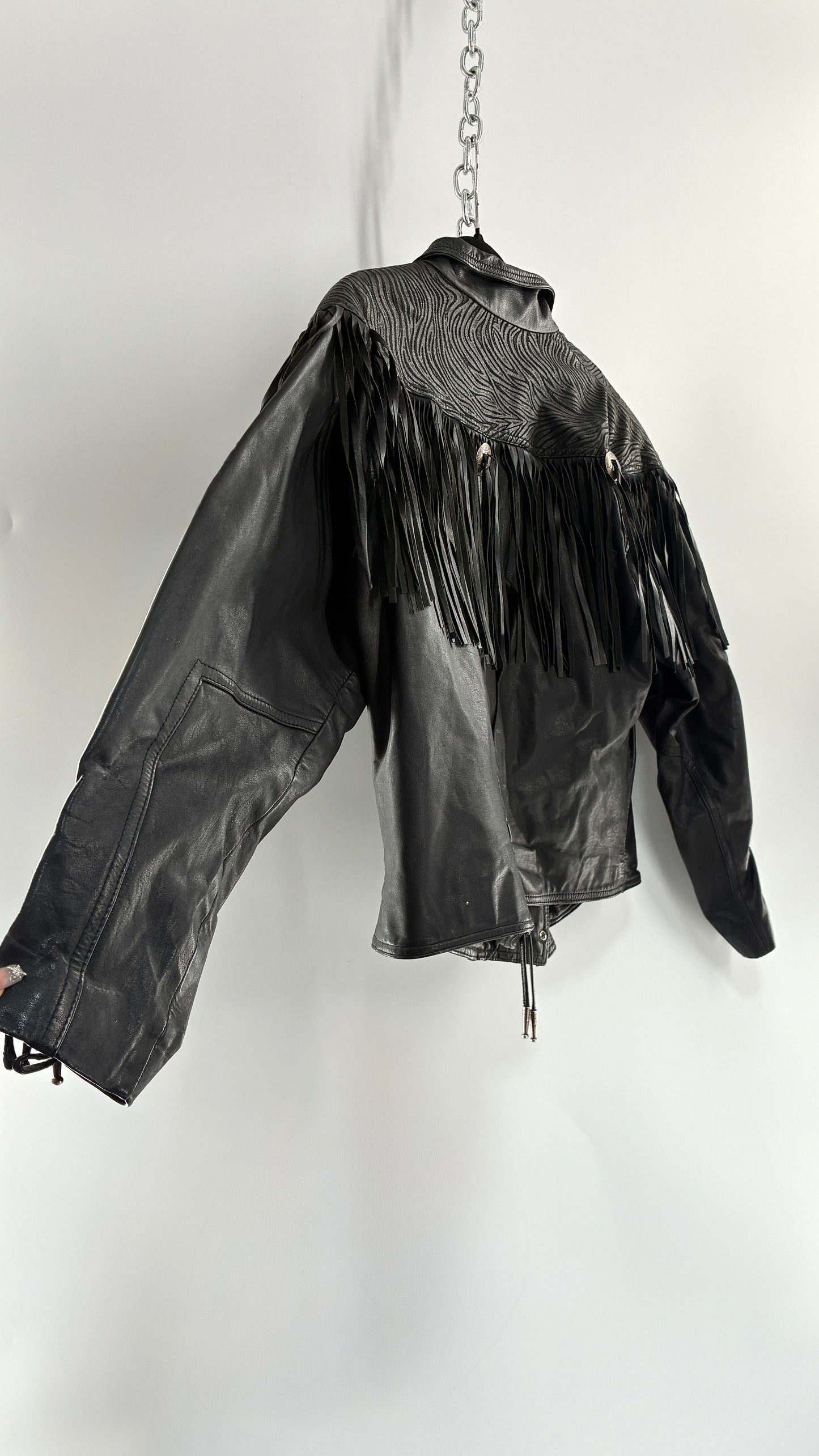 Vintage BERMAN’S Black Genuine Leather Fringe Motorcycle Jacket with Tie Up Cuffs (Large)