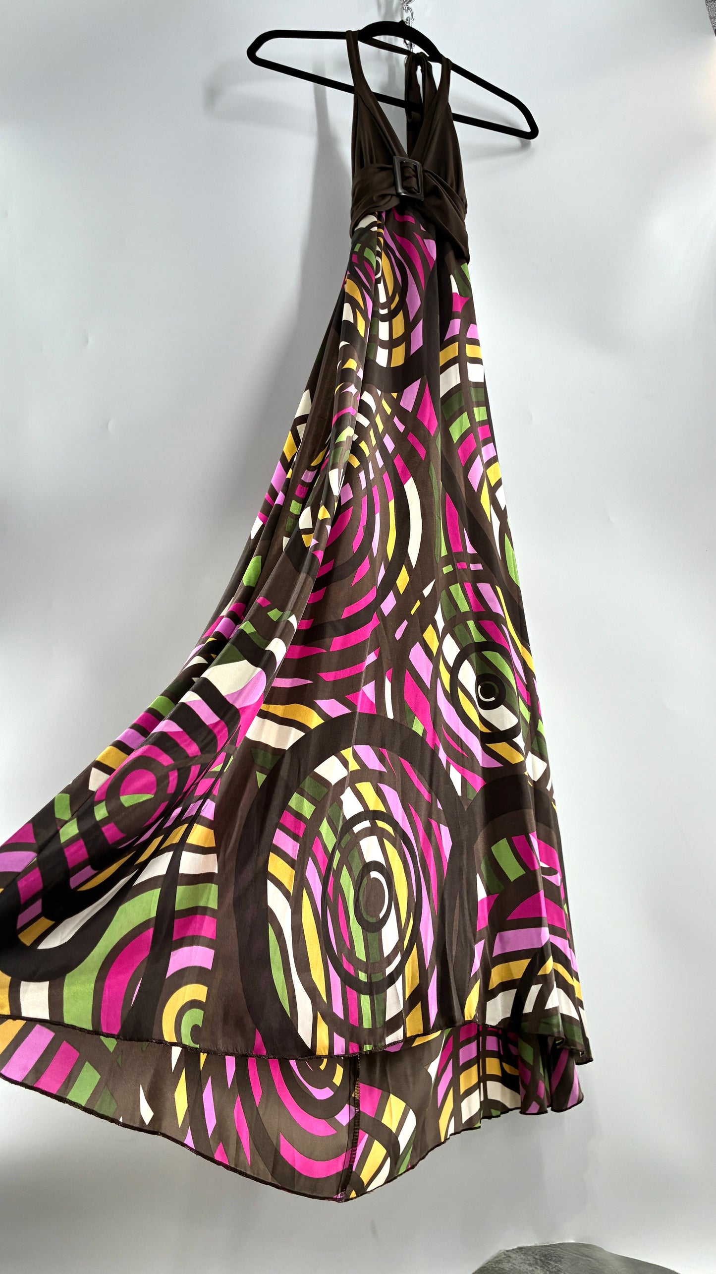 Vintage Candies Brown Patterned Gown with Belted Bust and Halter Neckline (Medium)