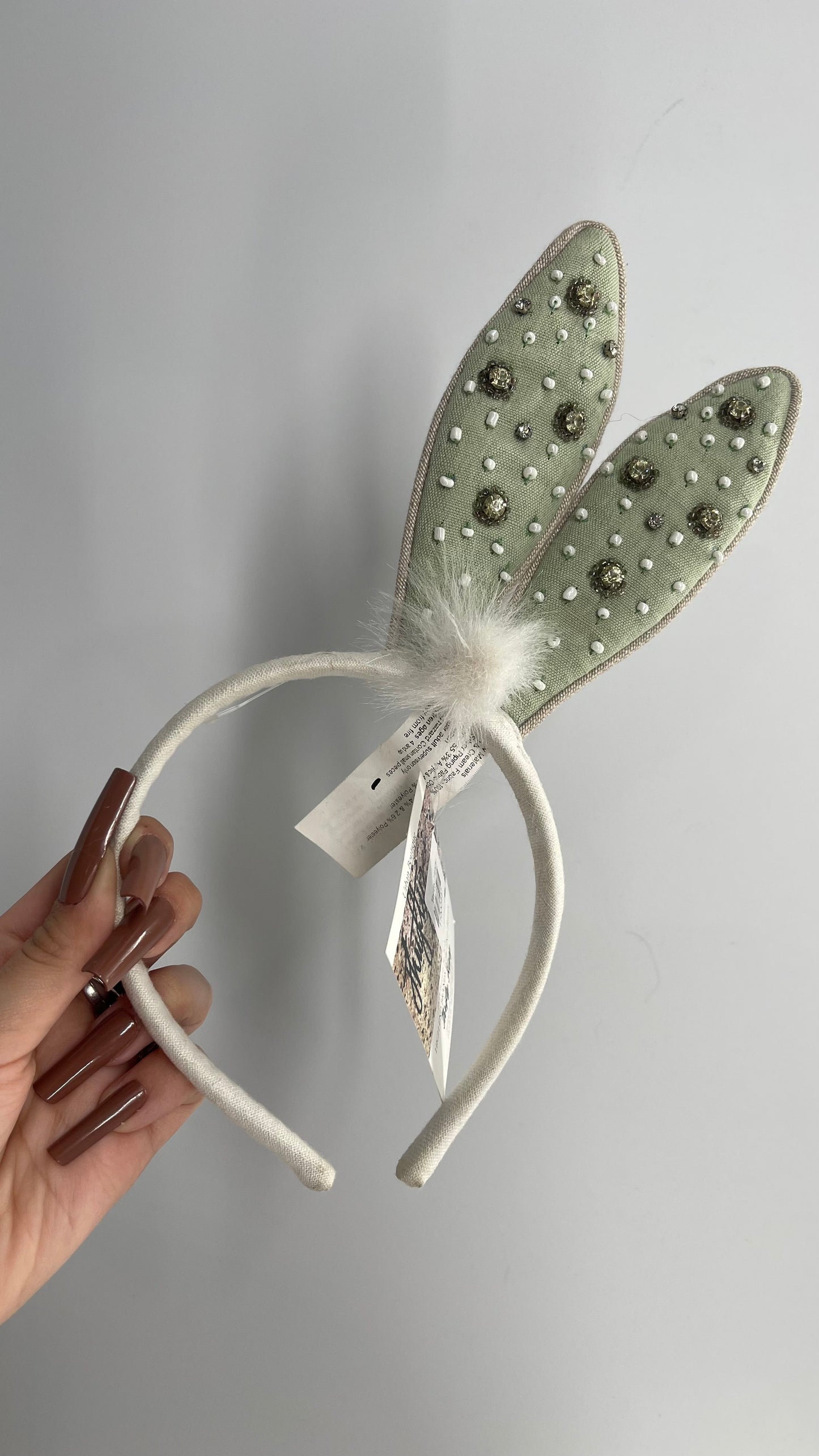 Anthropologie Bunny Rabbit Ears Embellished Beaded Sage Green Headband