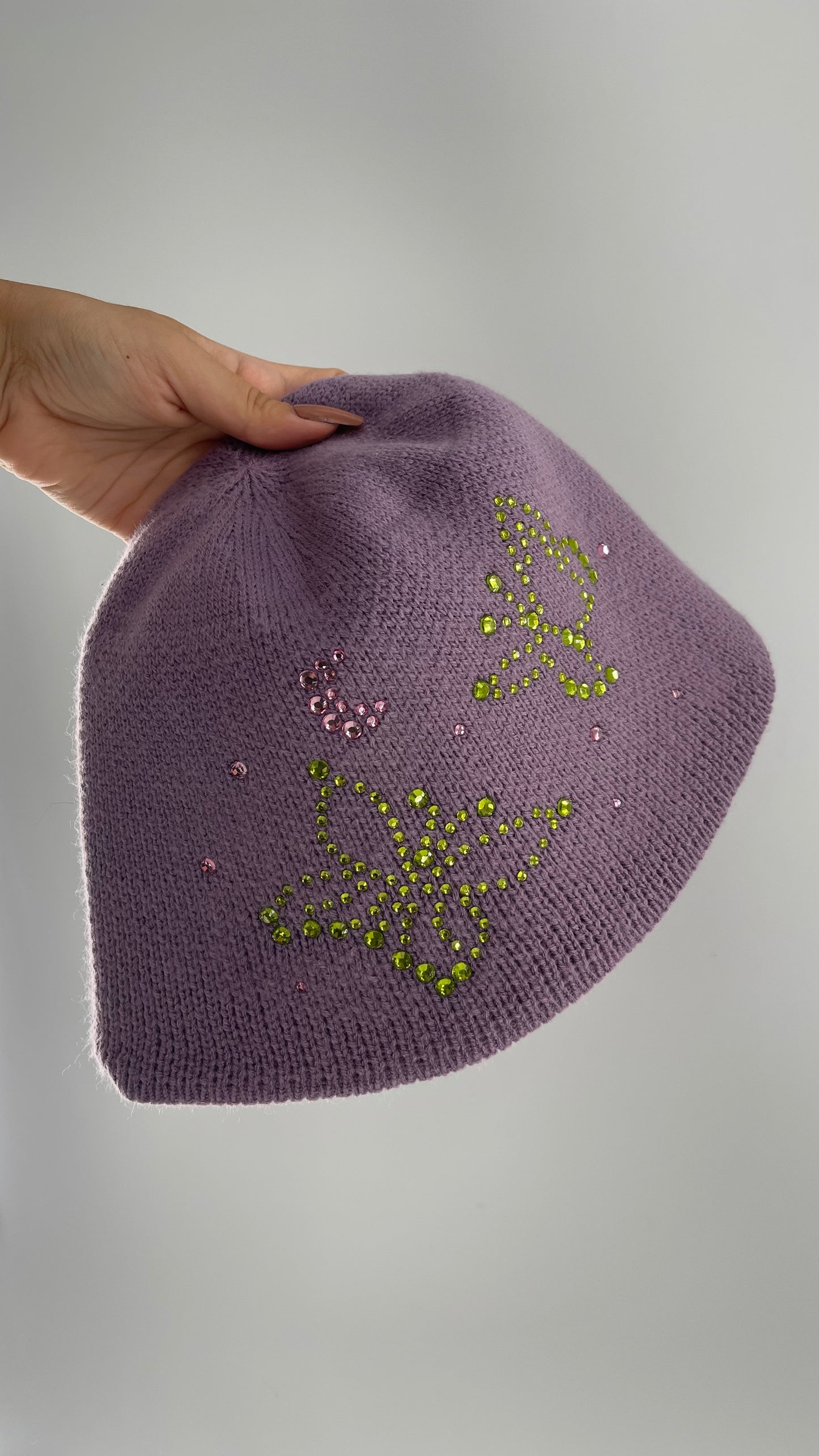 Urban Outfitters Lavender/Lilac Purple Knit Bucket Hat with Rhinestone Butterfly Details