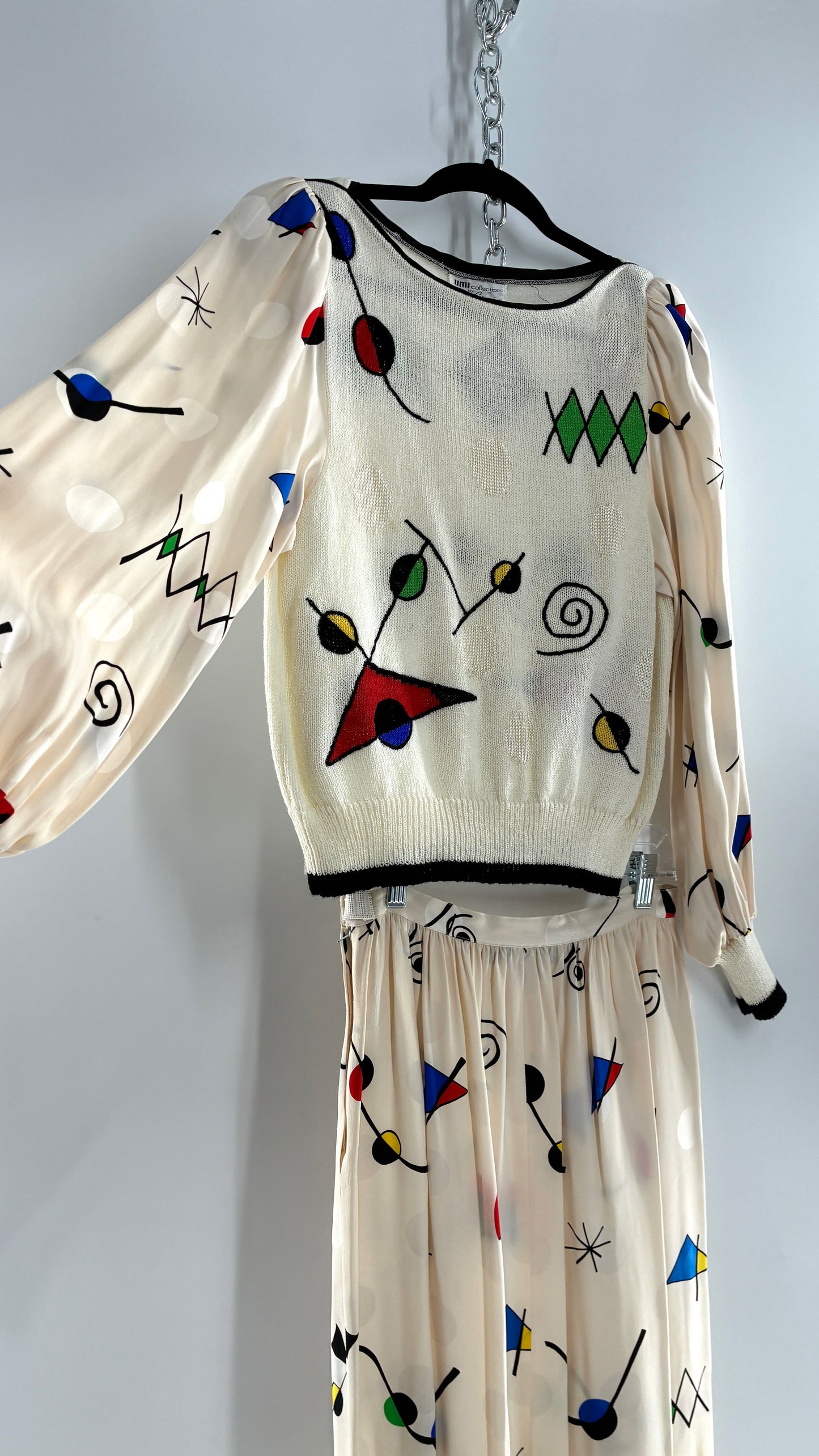 Vintage 1980s UMI collections by Anne Crimmins Off White 2 Piece Set with Abstract Embroidered Designs and 100% Silk Polka Dot Print Skirt (Medium Sweater, 8 Skirt)