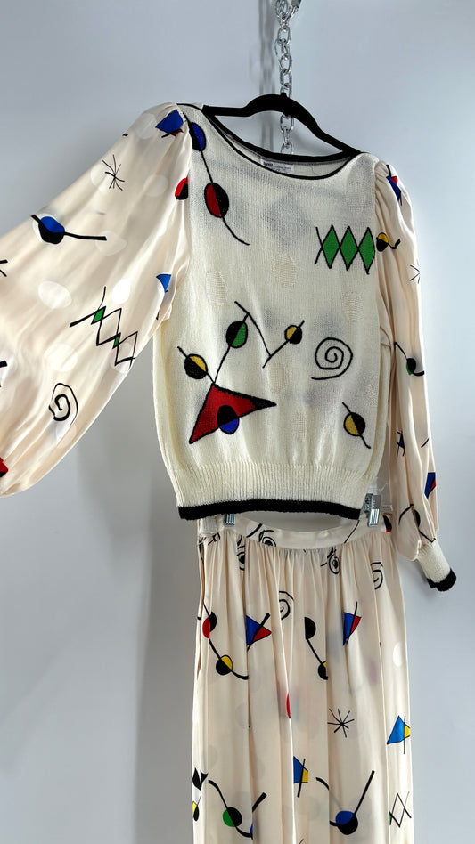 Vintage 1980s UMI collections by Anne Crimmins Off White 2 Piece Set with Abstract Embroidered Designs and 100% Silk Polka Dot Print Skirt (Medium Sweater, 8 Skirt)