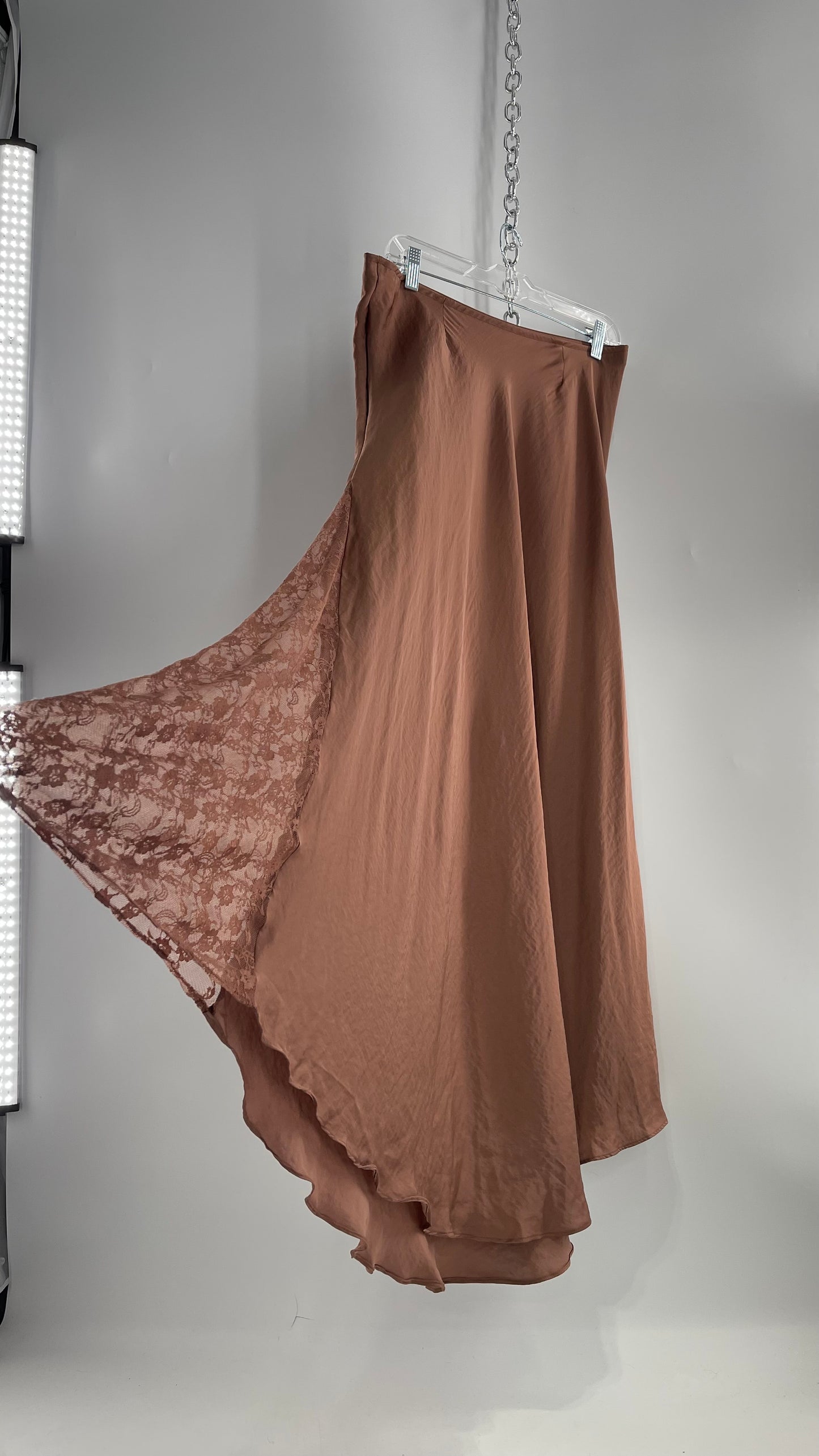 Intimately Free People Brown/Dusty Mauve Satin Maxi Skirt with Lace Paneling (Medium)