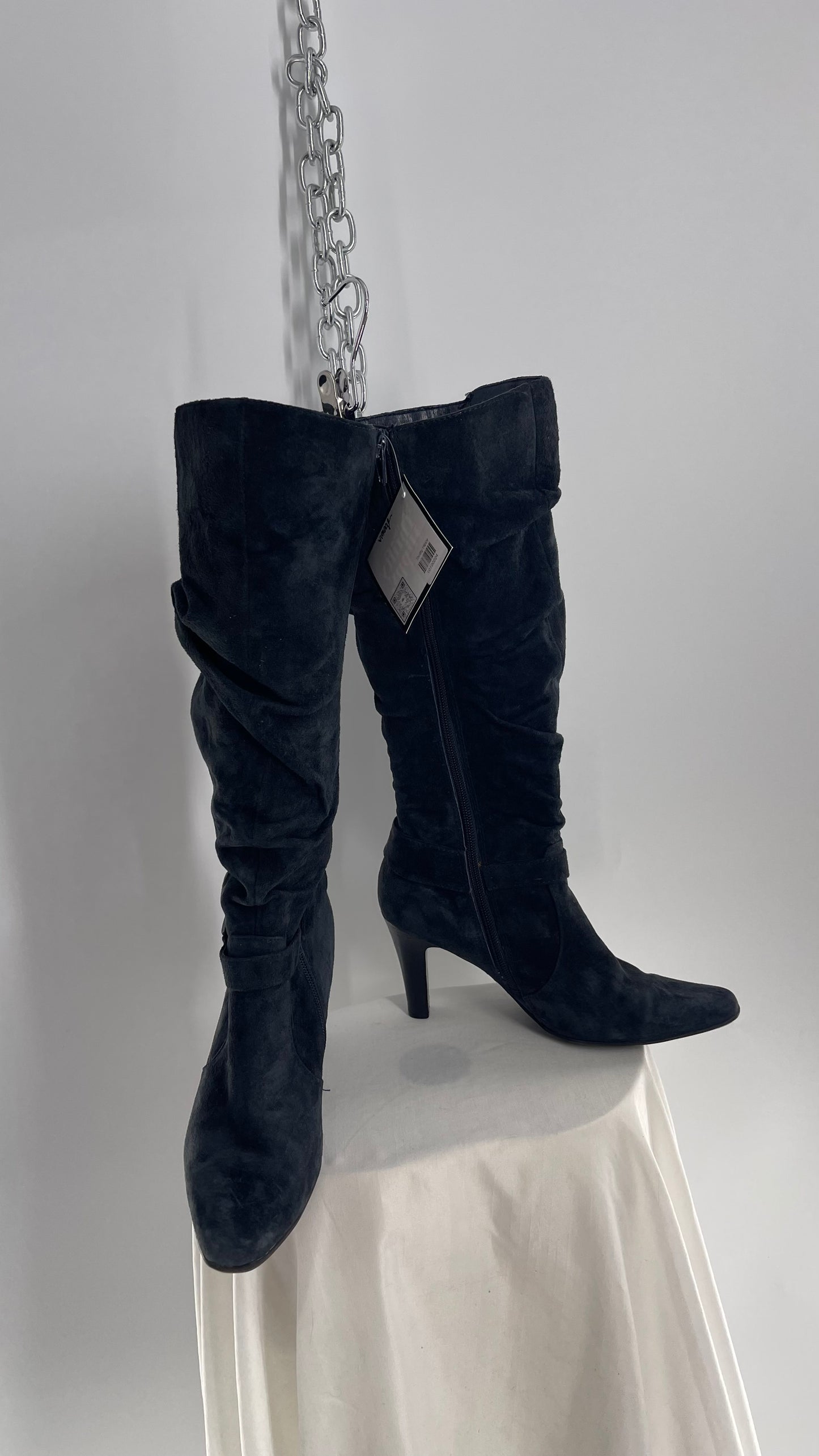 Vintage White Mountain Black Stacked Knee High Heel Boots with Ankle Stud and Buckle (7.5)