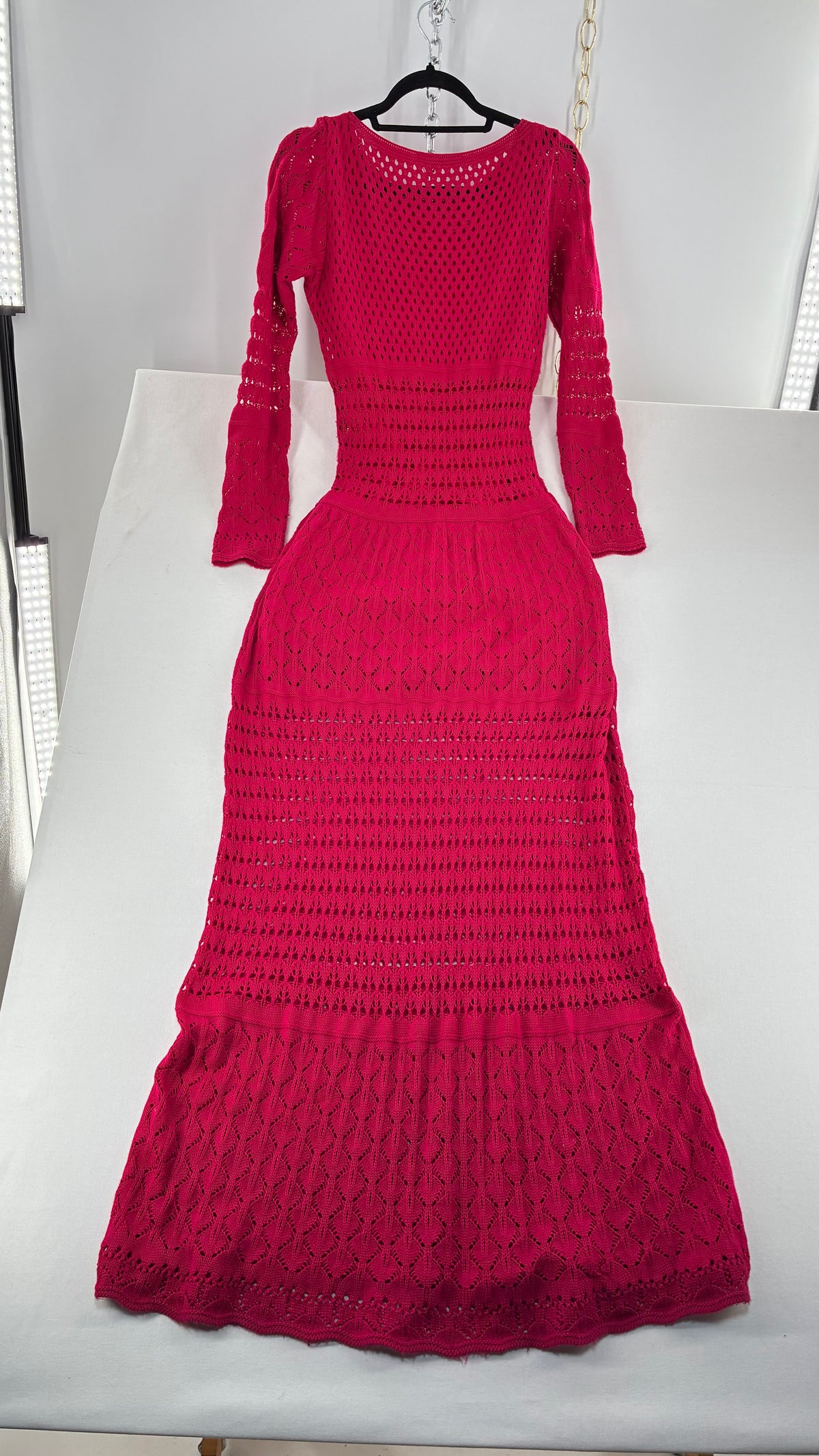 Imported Vintage AQUAMAR Hot Pink Crochet Full Length Dress with Waist Definition  (M)