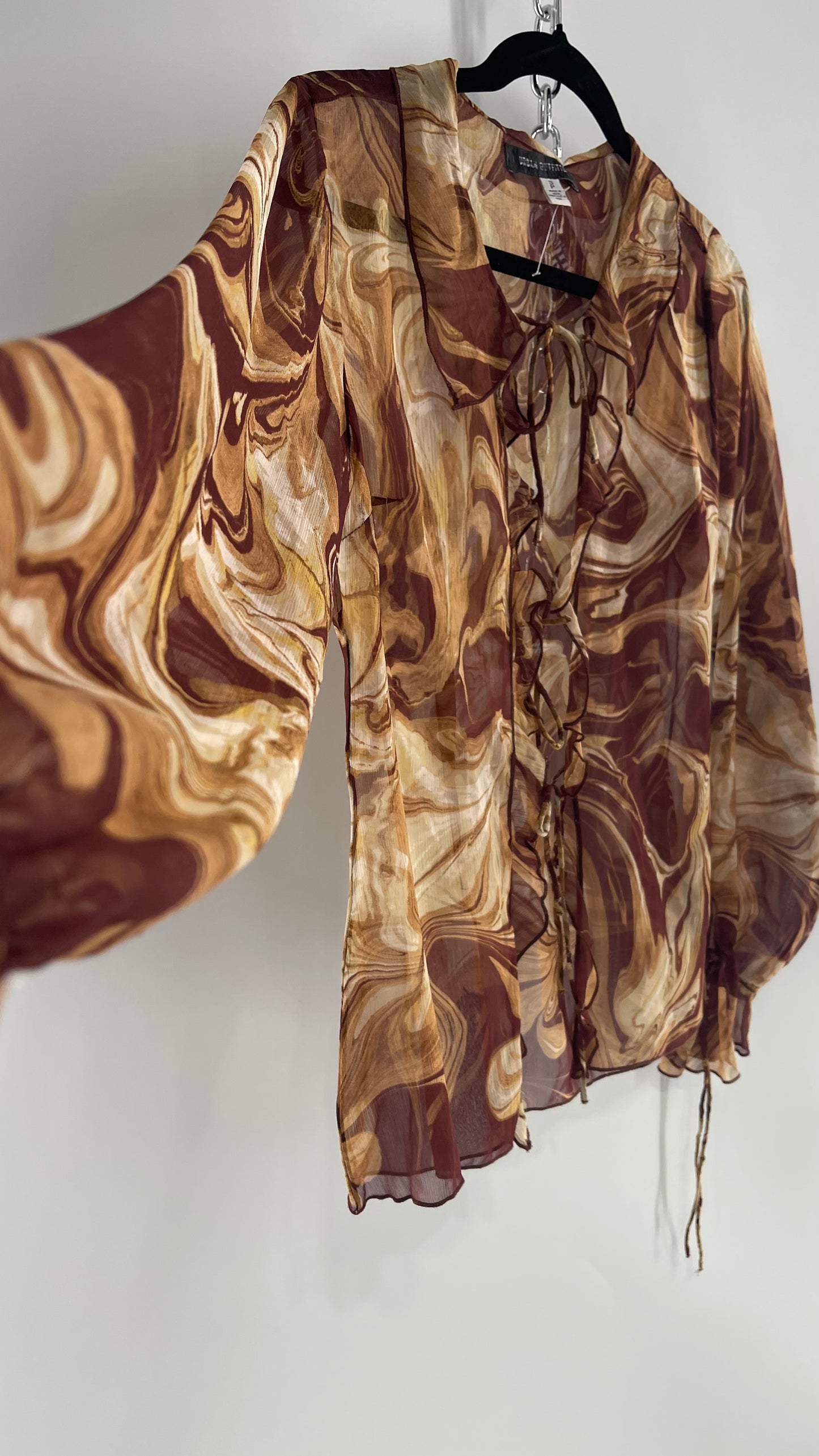 Urban Outfitters Marbled Brown Sheer Tie Front Balloon Sleeve Blouse (Small)