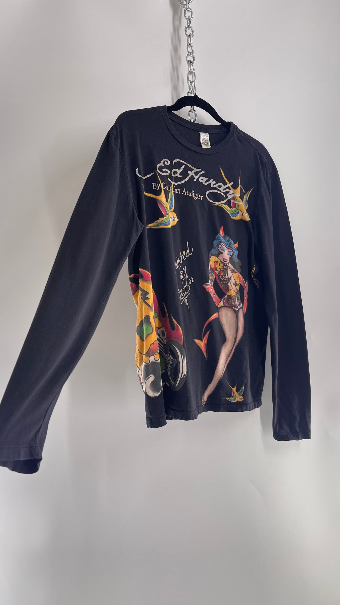 Rare Vintage Ed Hardy Pin Up Style Graphic Long Sleeve (Large)