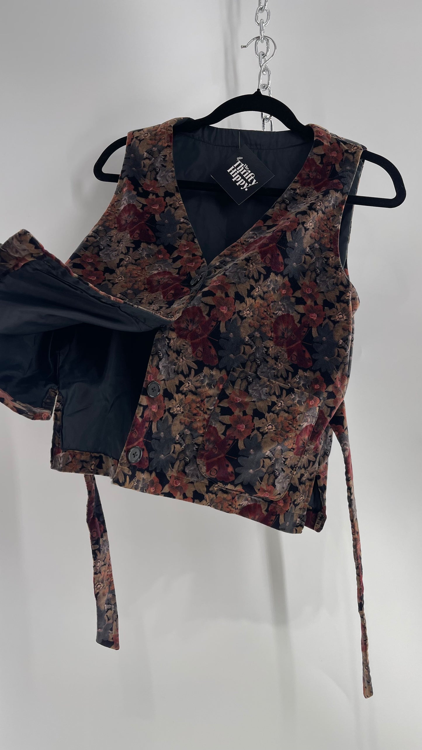 Vintage Muted Florals Velvet Vest with Front Pockets and Waist Tie (Medium)