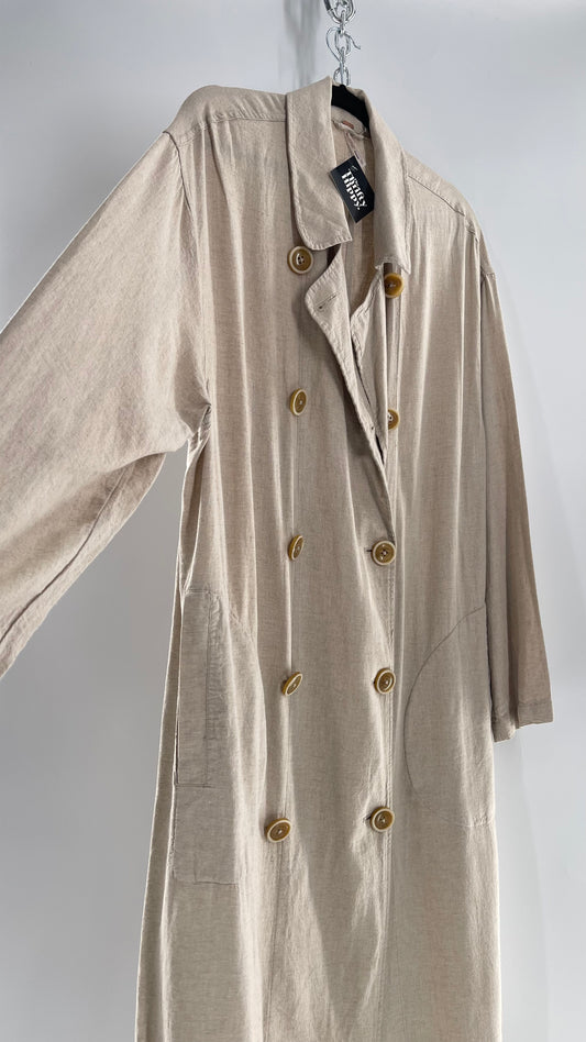 Free People Double Breasted Beige Linen Trench Coat with Brown Buttons and Tags Attached