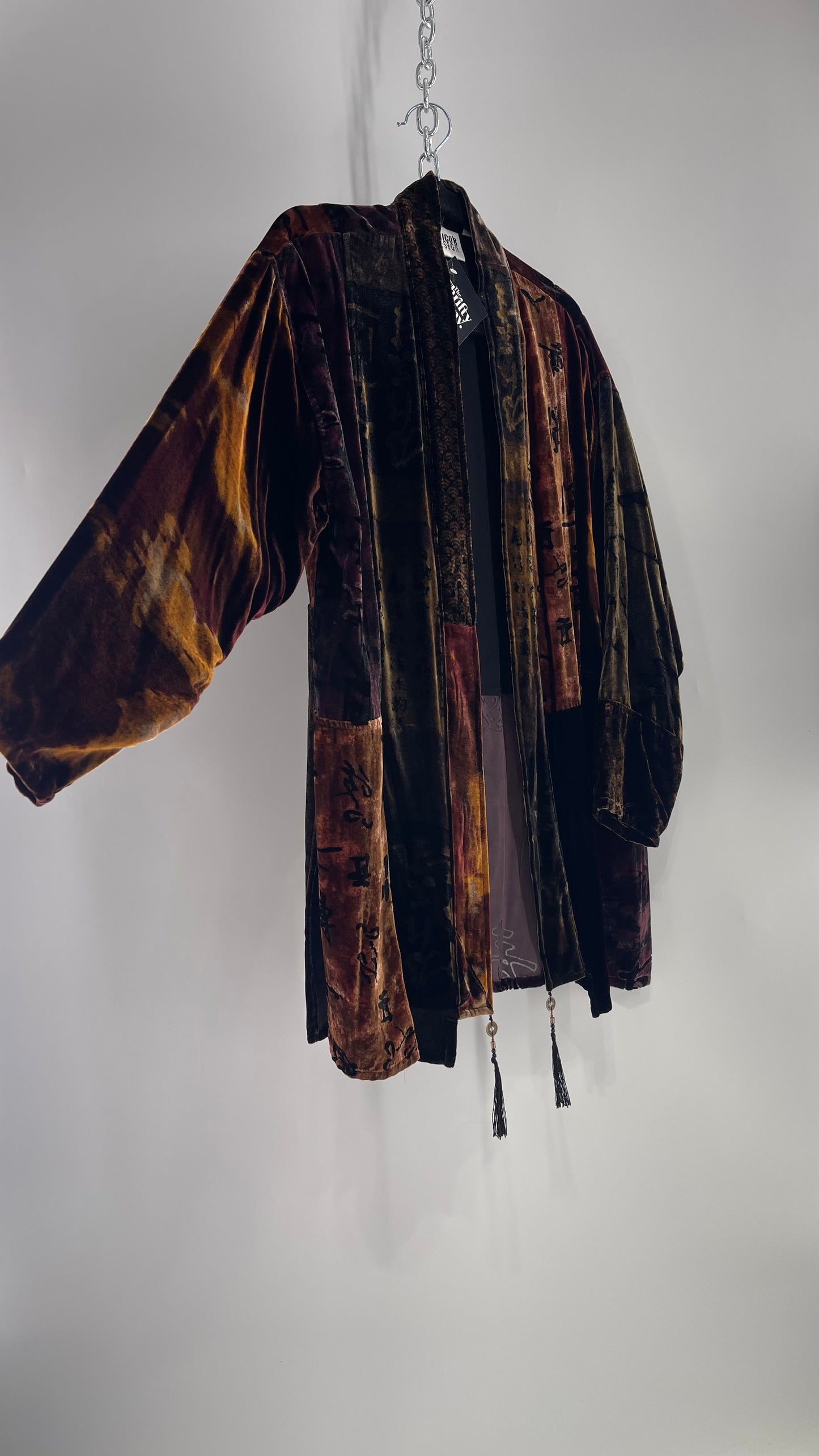 Vintage CHICOS Patchwork Burn Out Velvet Cardigan with Tassel Details