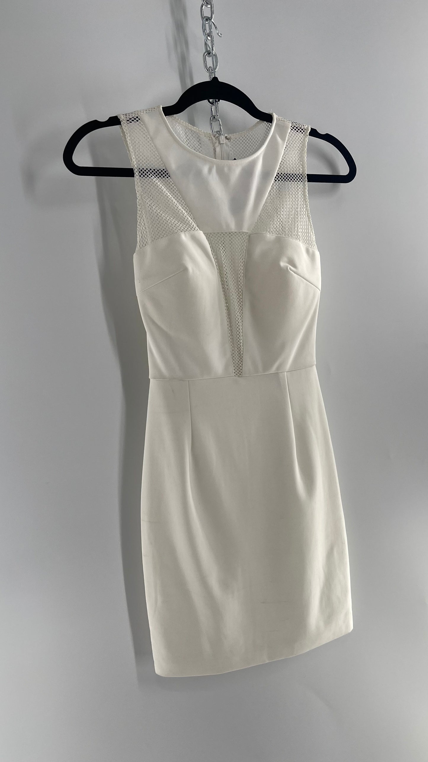 Rare London White Mesh Bodycon Mini Dress with Sheer Back and Padded Bust (XS)