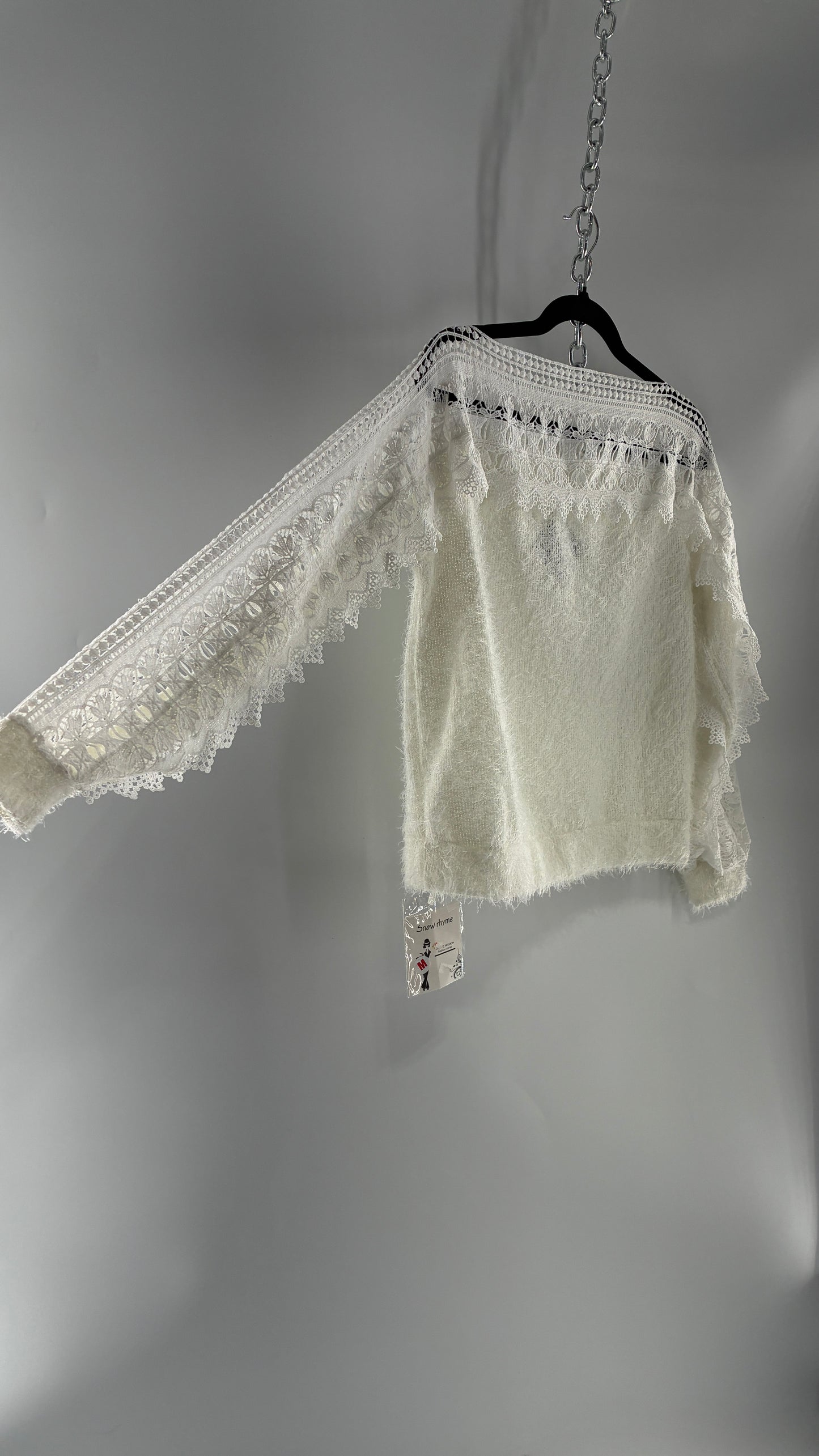 Deadstock White Shaggy Sweater with Thick Scalloped Lace Neckline + Arm Detail and Tags Attached (Medium)