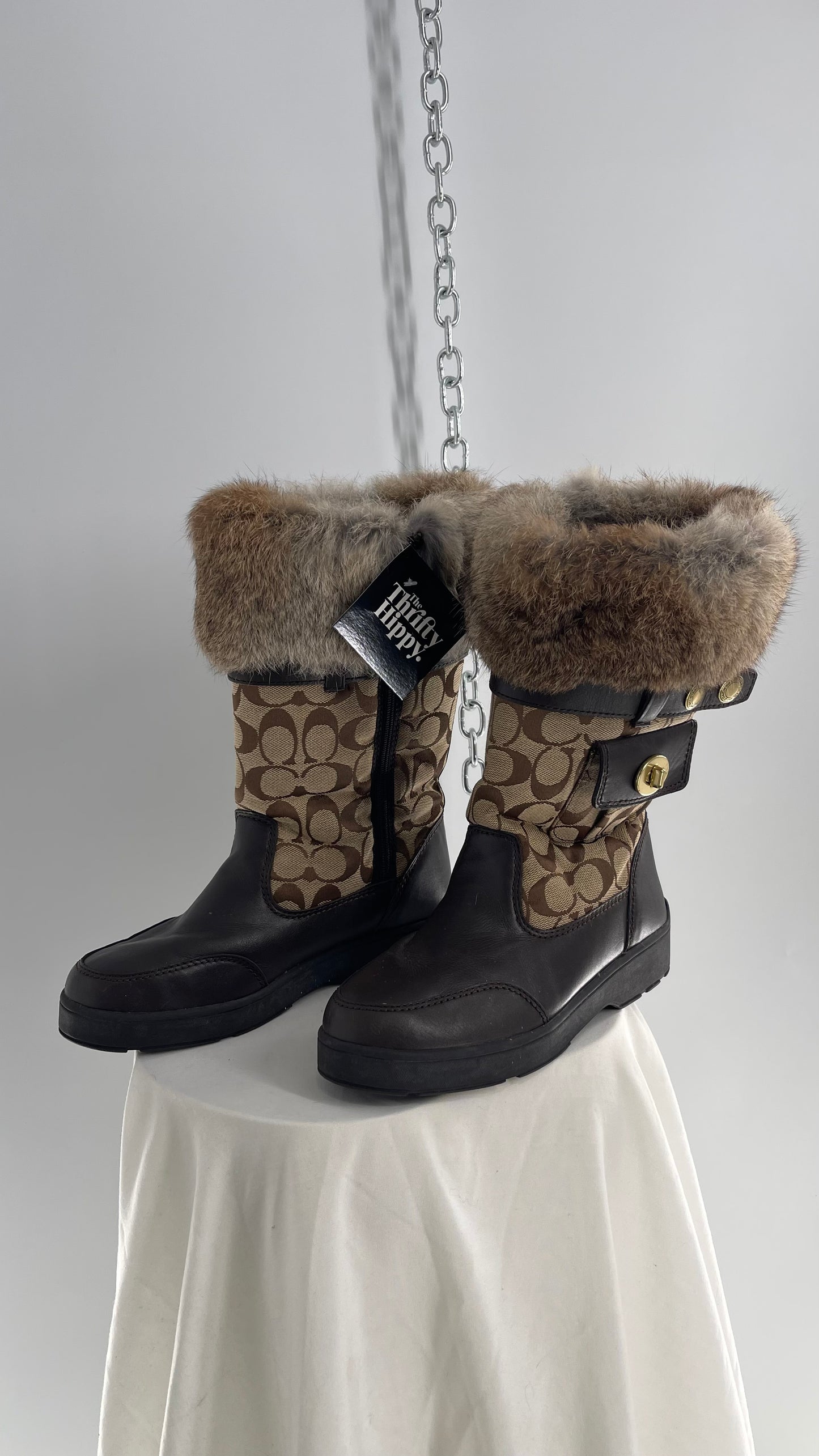 Coach Vintage Kimberly Brown Leather Quilted Monogram Rabbit Fur Trim Boot with Ankle Pouches  (8.5)