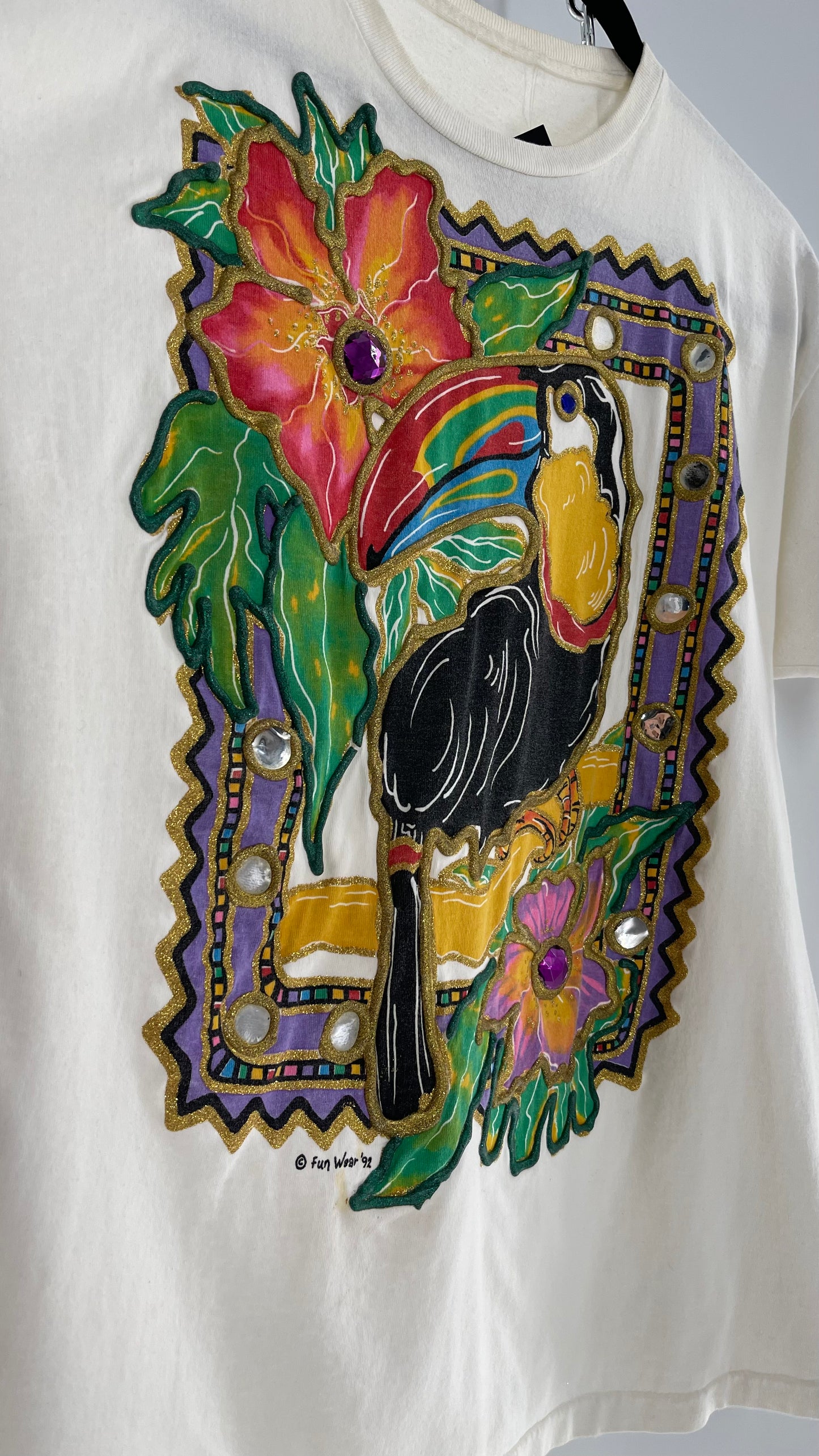 Vintage FUNWEAR 1992 White T Shirt Hand Dyed and Puff Painted with Tropical Motifs (M/L)