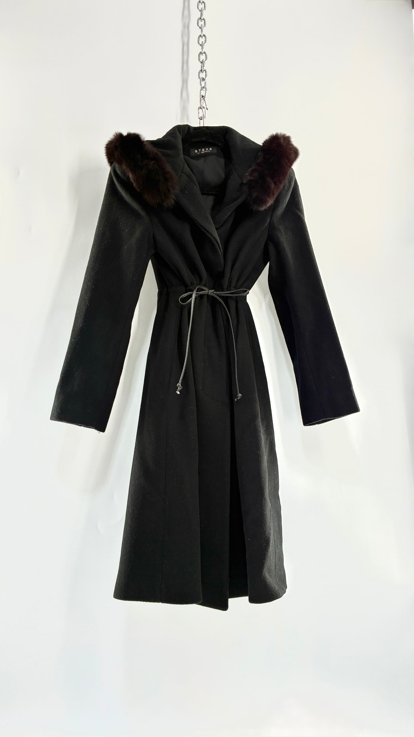 Vintage STEVE by SEARLE Cashmere Blend Coat with Underbust Tie and Fur Hood