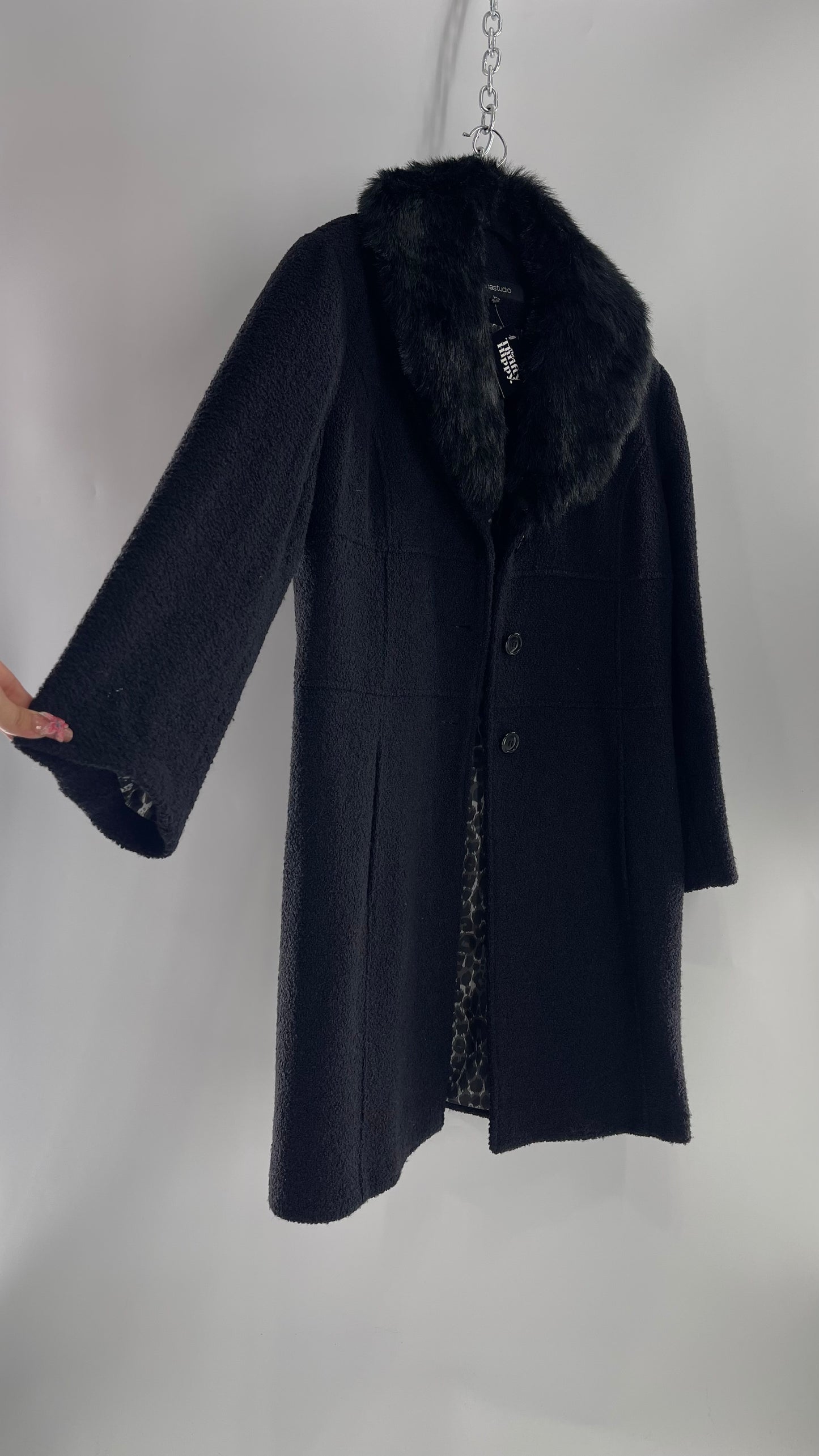 Vintage Sienna Studio Black Bouclé Coat with Faux Fur Detachable Collar and Leopard Lining (Large)