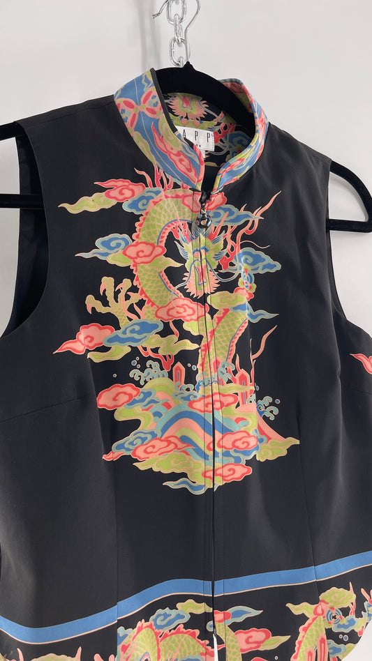 Vintage 1990s TAPP NEW YORK 100% Dragon Graphic Zip Front Crop Sleeveless Vest Top Silk (Medium)