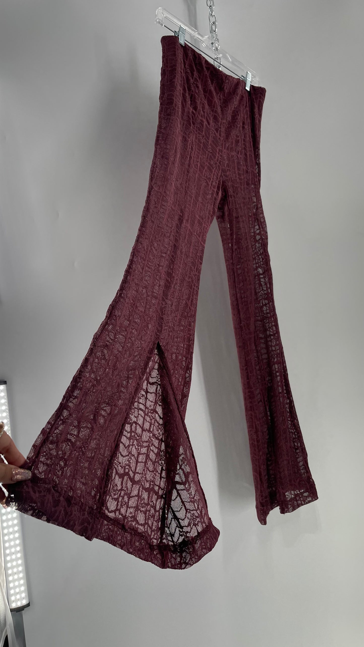 Free People Plum Lace Flares with Vented Hem and Sewn in Shorts Tags Attached (Medium)