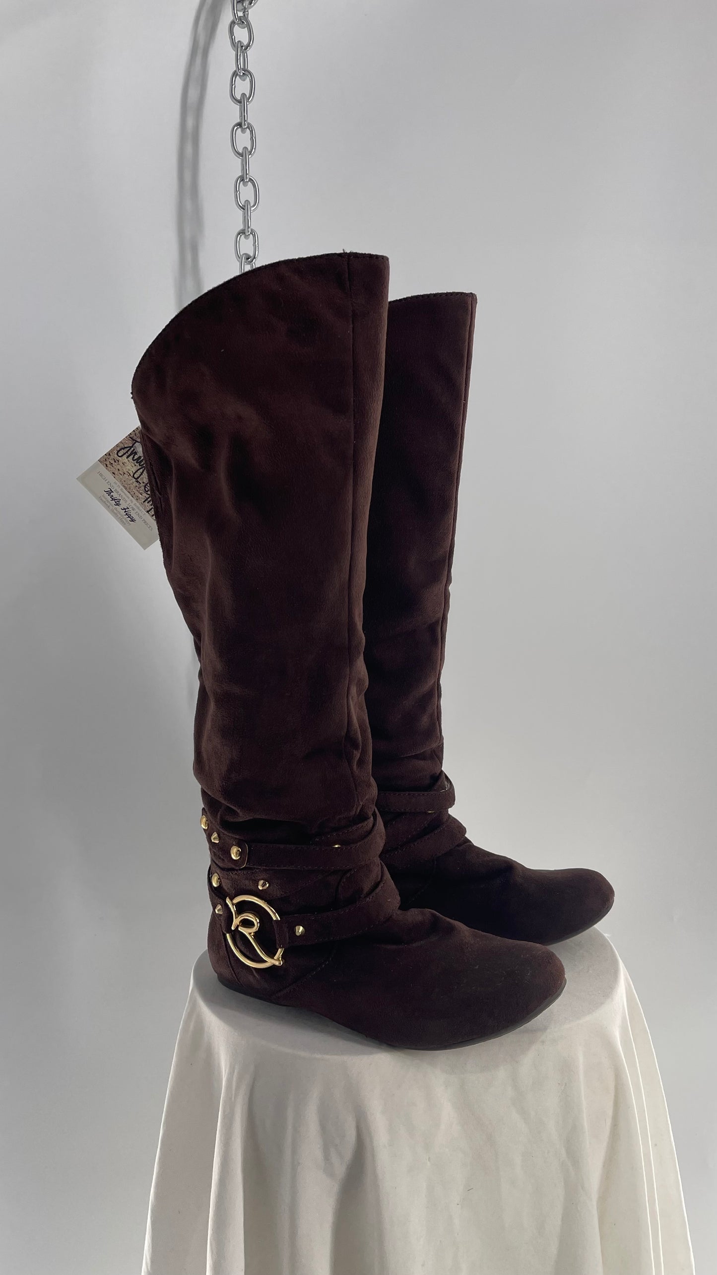 Vintage ROCAWEAR 2000s Brown Strappy, Studded, Slouchy Boots with Gold Logo Hardware (7)