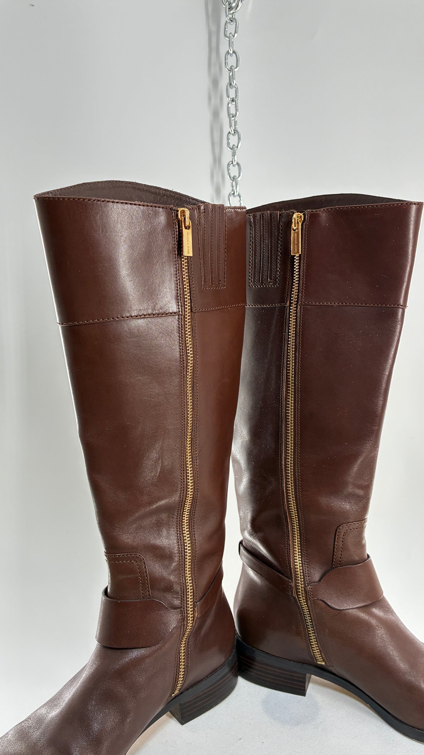 Vintage MICHAEL KORS Knee High Brown Genuine Leather Moto Boot with Gold Detailing (9)