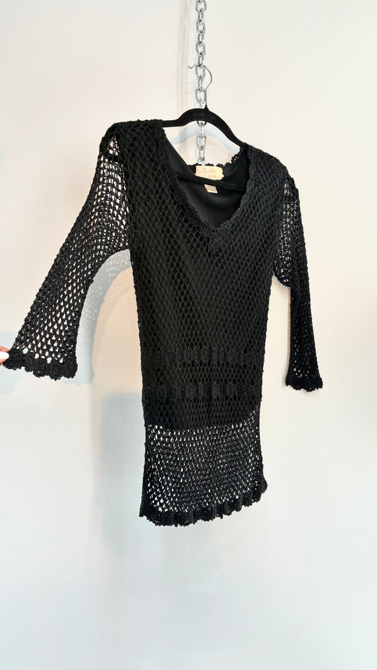 Vintage KROSHETTA by PAPILLON  Black Crochet Quarter Sleeve Blouse (Medium)