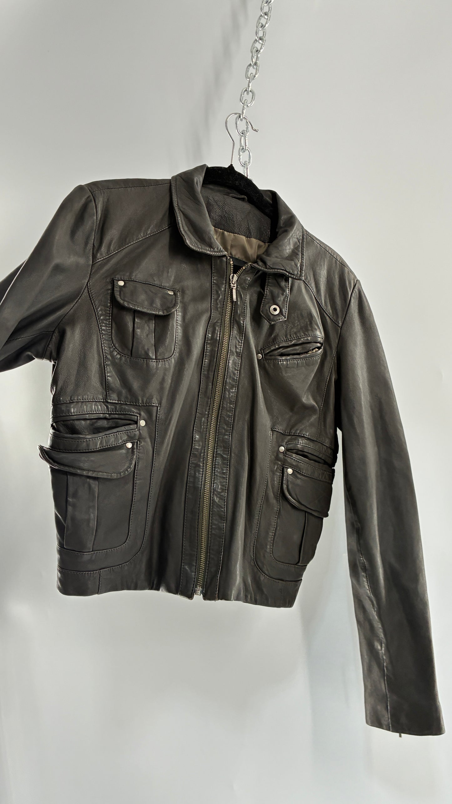 Vintage IDENTIFY Soft Genuine Leather Jacket with High Neck and Multi Pocket Details (Medium)