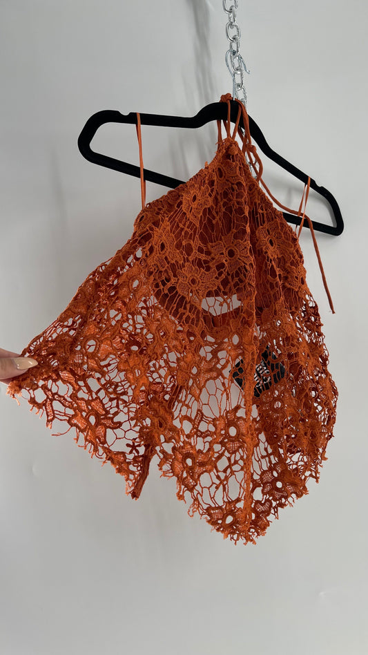 Free People Burnt Orange Lace Halter with Pointed Handkerchief Hem (Small)