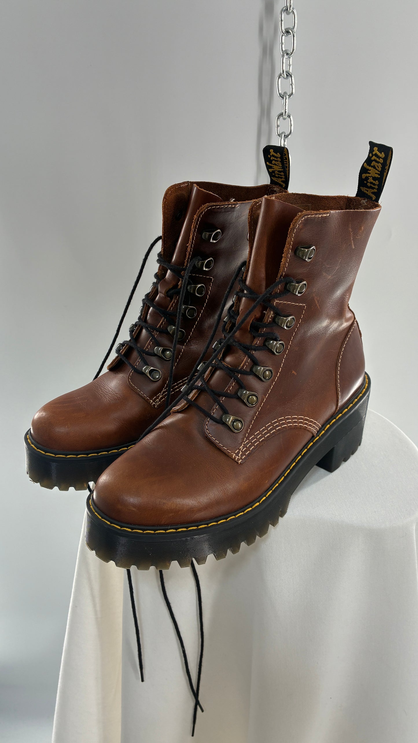 DR. MARTENS Leona Saddle Leather Platform Boots (9L)