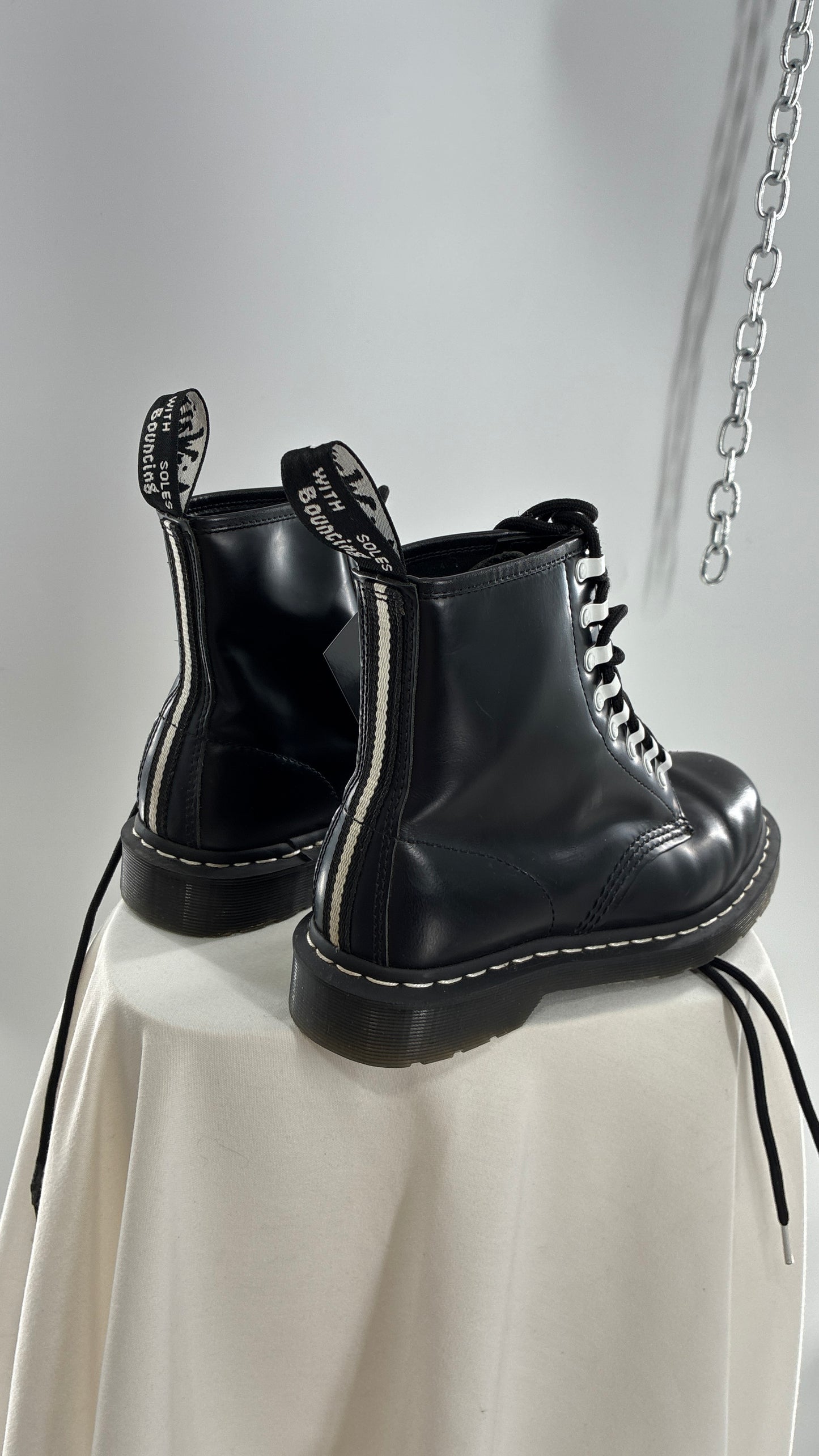 Vintage DR.MARTENS AirWair 1460 DISRUPT Black Patent Leather Boots with White Hardware (8L, 7M)