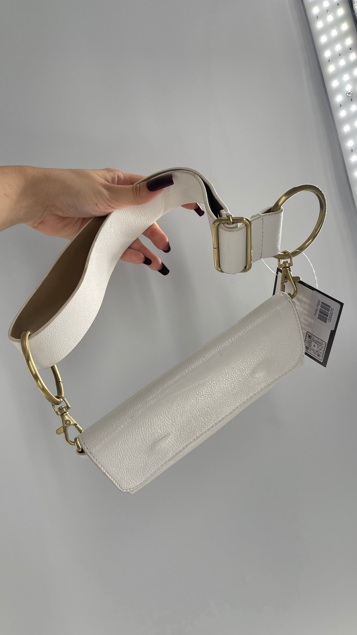 Anthropologie White Belt Bag with Gold Hoops