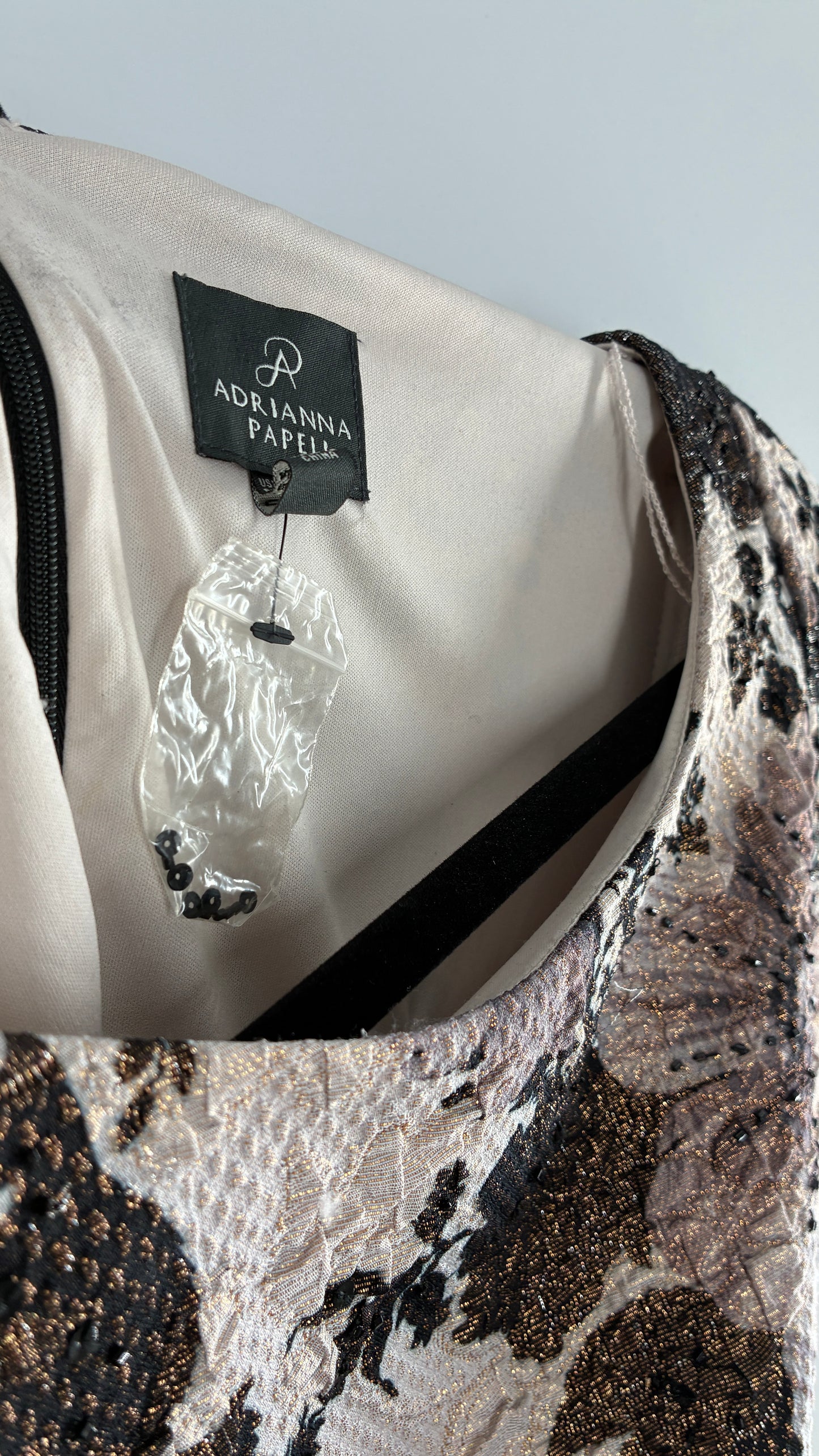 Vintage Adrianna Papell Neutral Floral Dress with Beading and Gold Sheen (6P)