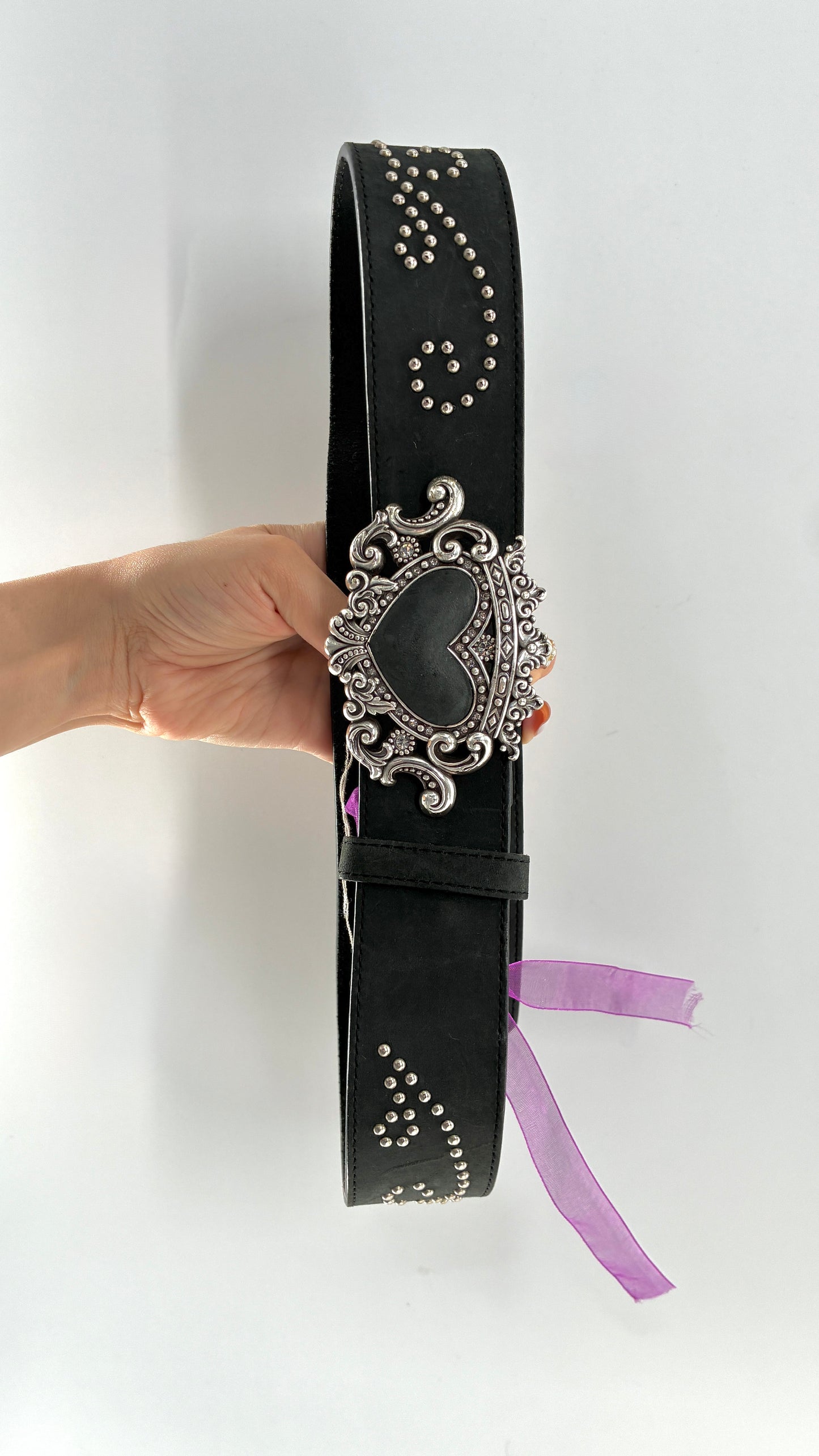 Extremely RARE Vintage BRIGHTON Genuine Leather Black Studded Belt with Crowned Heart Buckle (ML32)