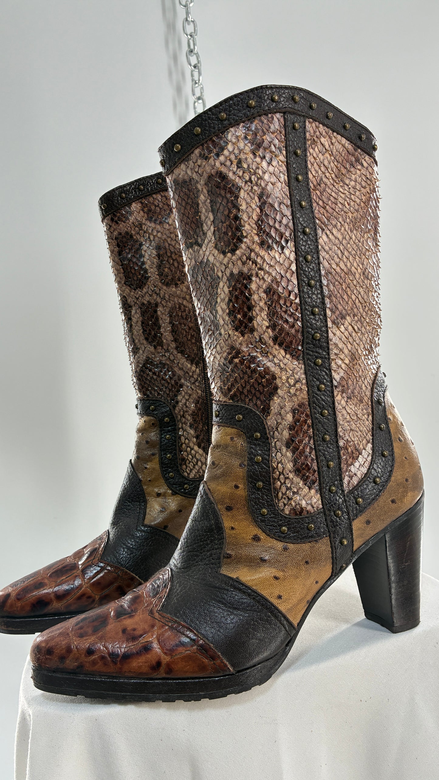 Vintage STUART WEITZMAN Stampede Boots Ft Snake, Crocodile and Ostrich Embossed Leather (8.5)