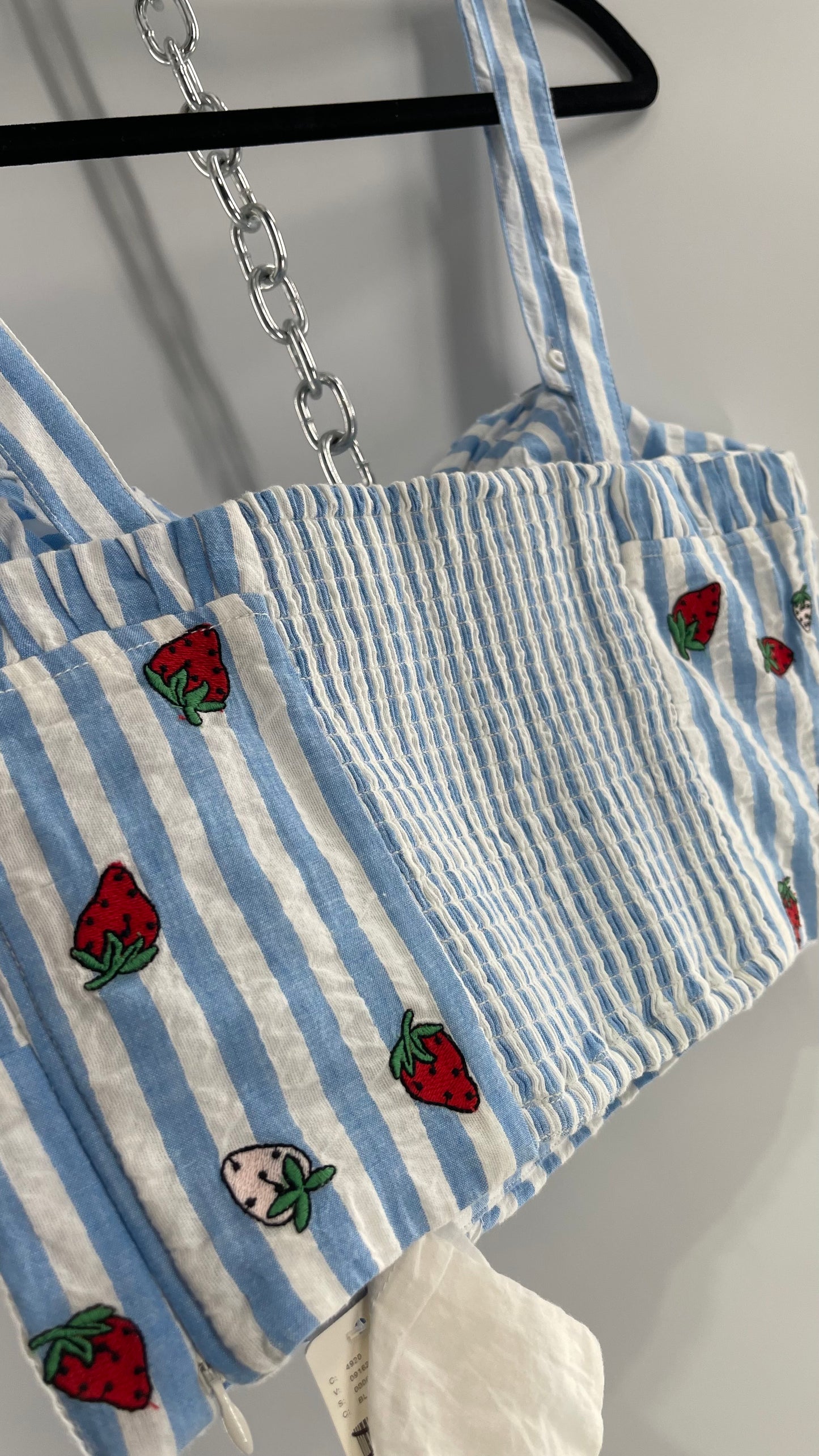 Maeve Anthropologie Baby Blue White Striped Corset Like Crop with Embroidered Strawberries with Tags Attached (12)