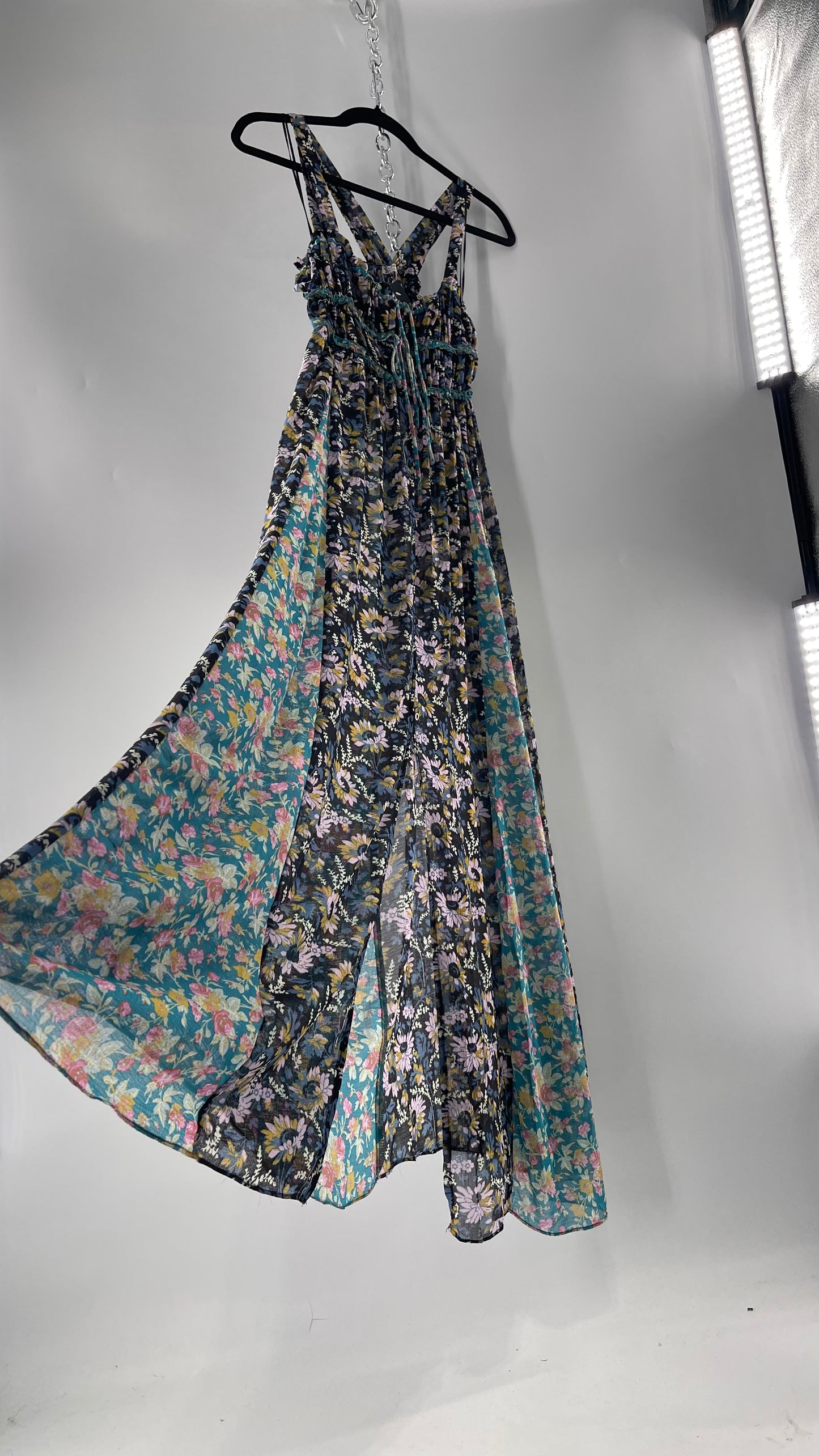 Intimately Free People Black and Teal Mixed Pattern Floral Maxi Dress with Tags Attached (XS)