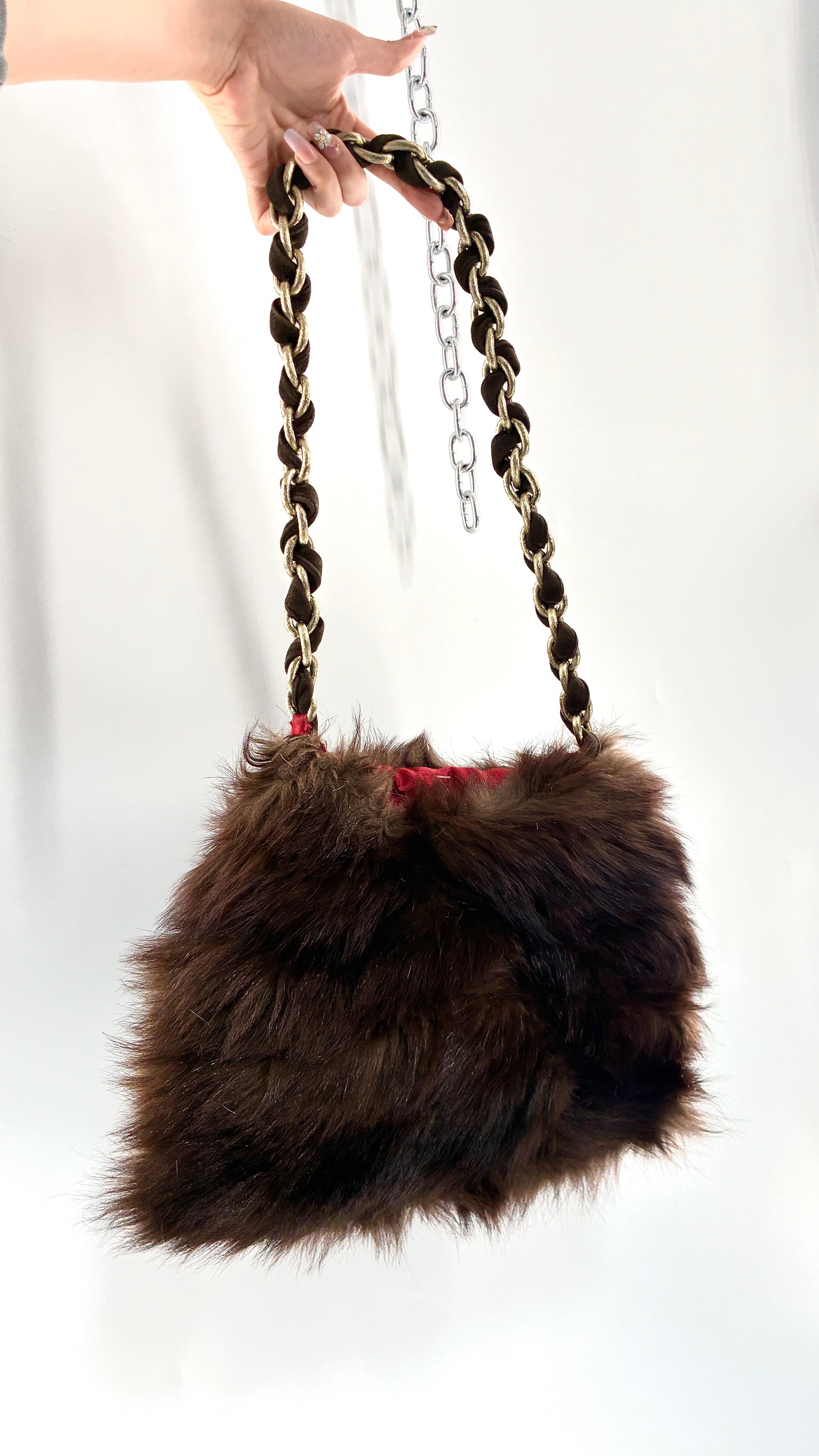 Vintage Handmade Genuine Fur Bag with Heavy Interlaced Gold Chain Strap
