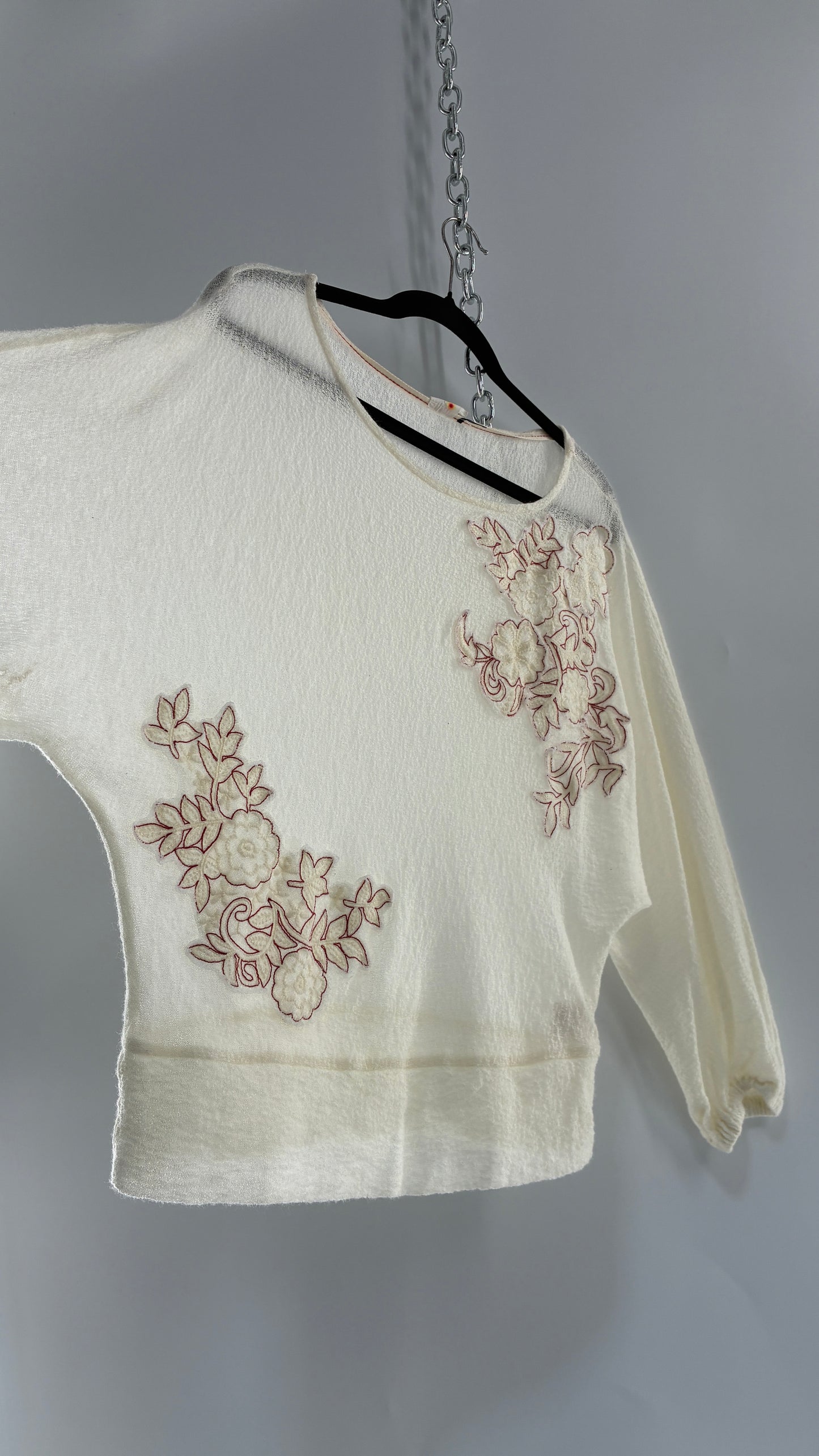 Vintage AKEMI + KIN 30% Wool Off White Gauze Blouse with Embroidered Appliqués (Medium)