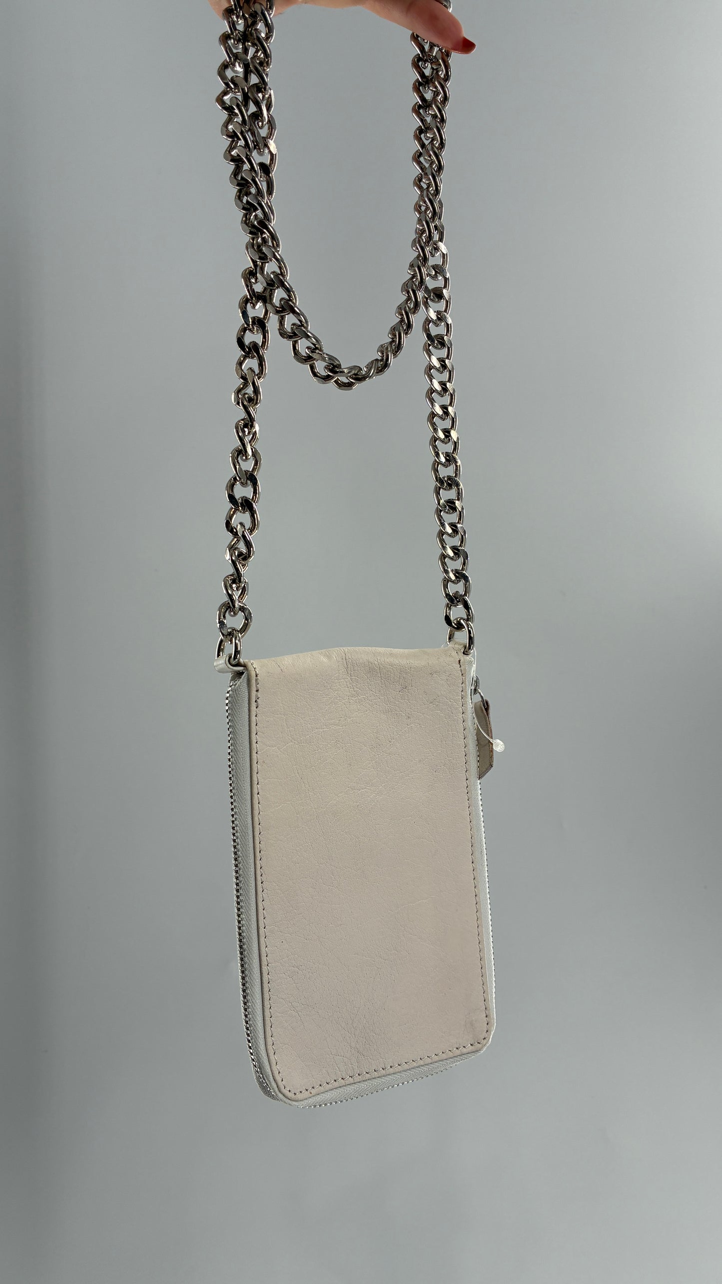Free People Off White Leather Phone Purse with Heavy Metal Chain Strap