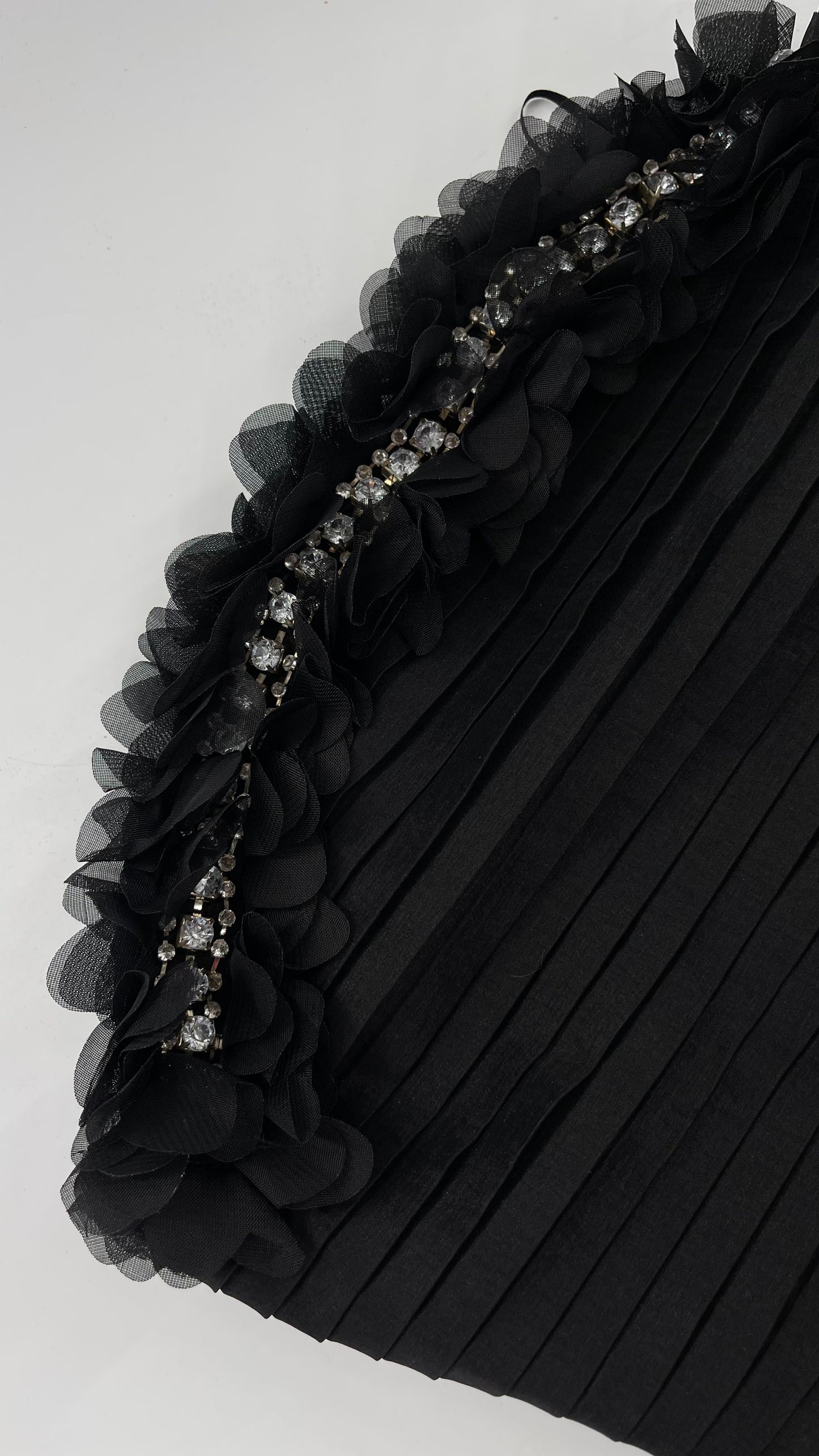 C.O:GWBG Black Dress with Pleated Bodice, Floral Ruffled Skirt and Bedazzled Bustline (S/M)