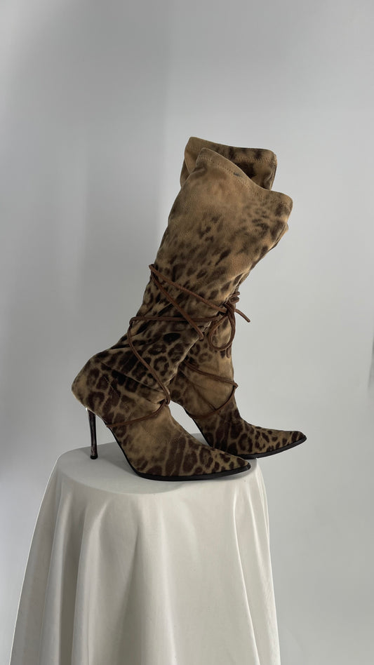 Vintage Alberto Venturini Animal Print Tie Up Pointed Toe Boots (37)