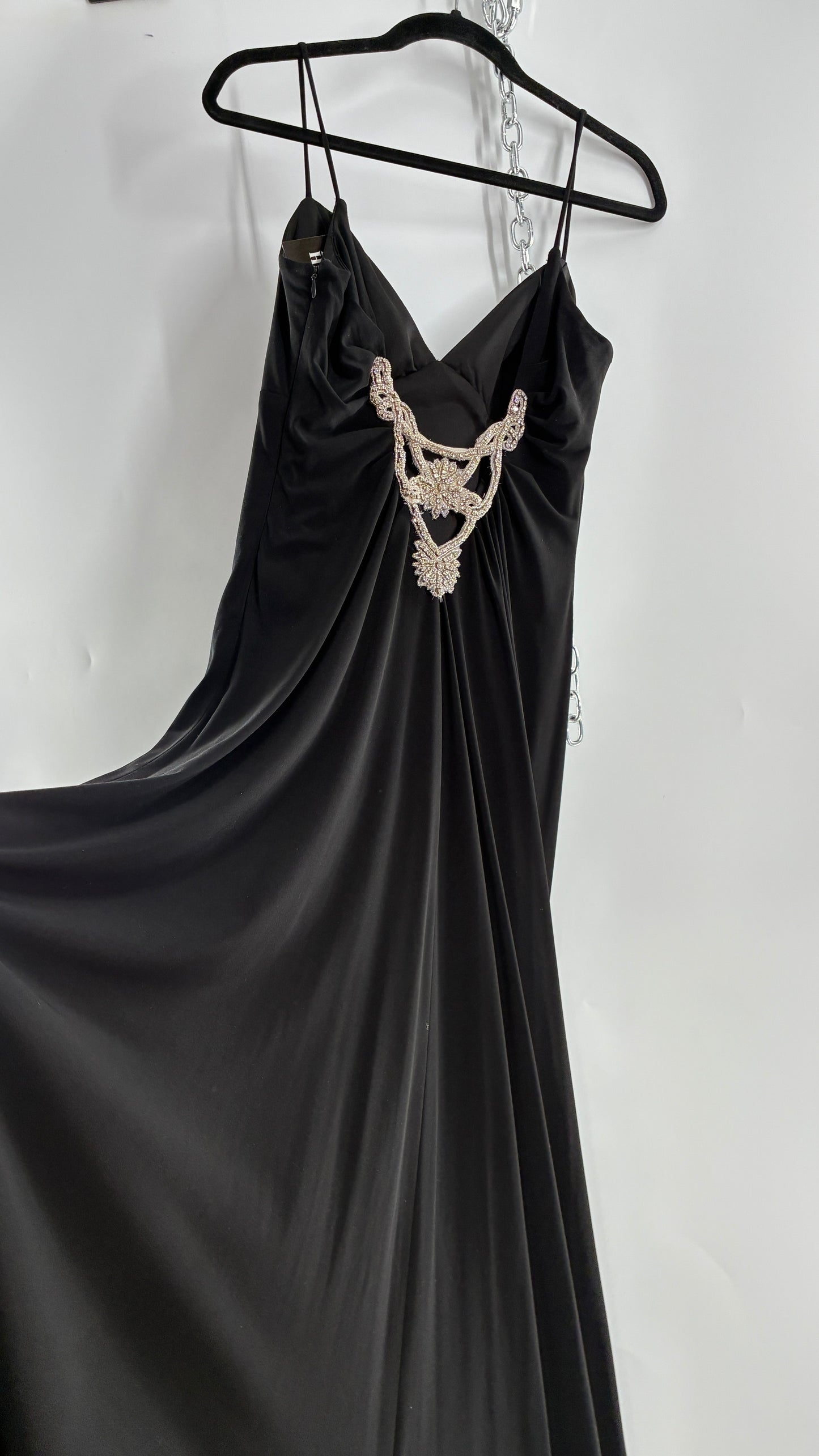 Vintage JS COLLECTION Black Full Length Gown with Jeweled Appliqué and Pleated Back (12)