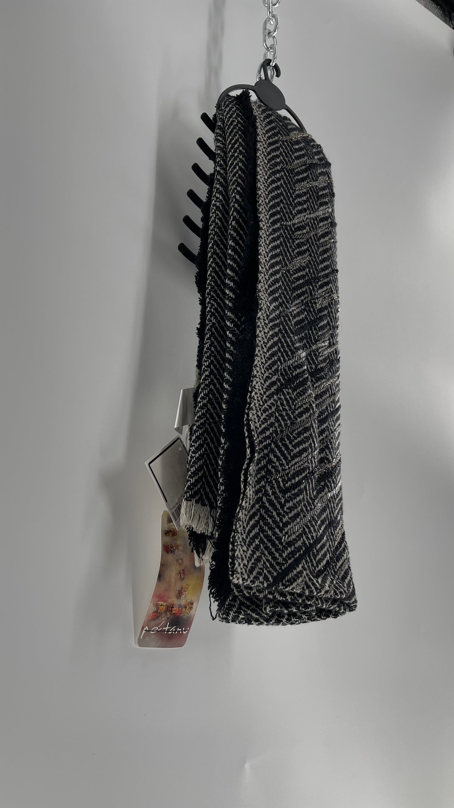 Anthropologie Pétanu Black and White 50% Cashmere 50% Silk Beaded Embellished Scarf with Tags Attached