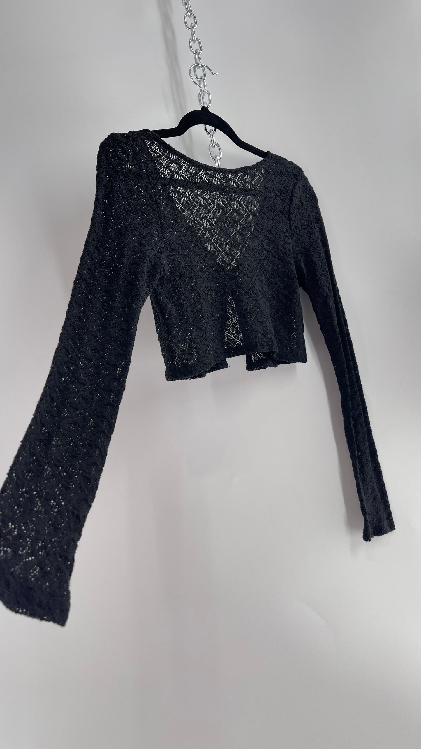 Free People Black Knit Lace/Crochet Like Cropped Long Sleeve with Metal Buckle Bust  (Medium)